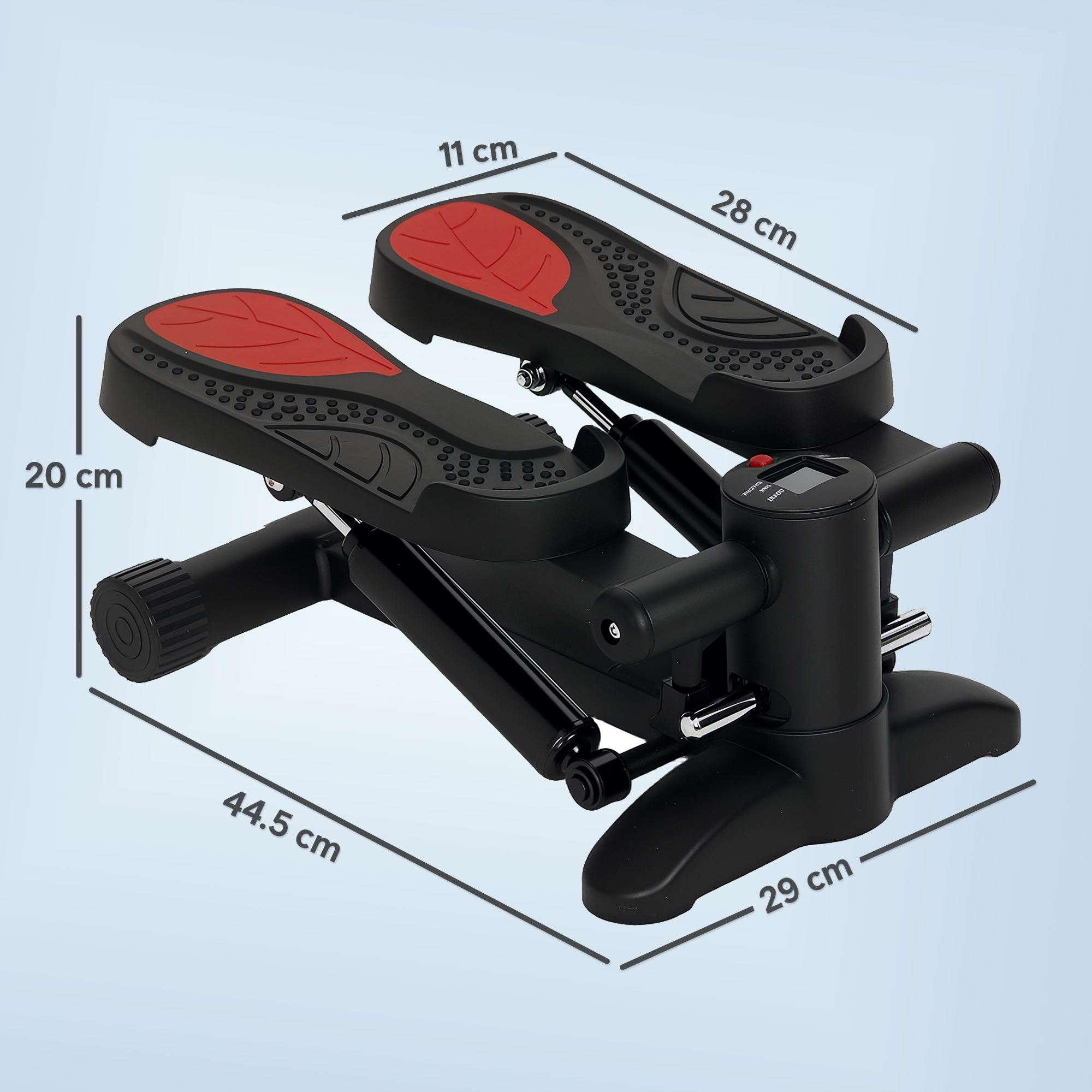 Schwarze und rote Stepper-Maschine mit Abmessungen und digitaler Anzeige oben.