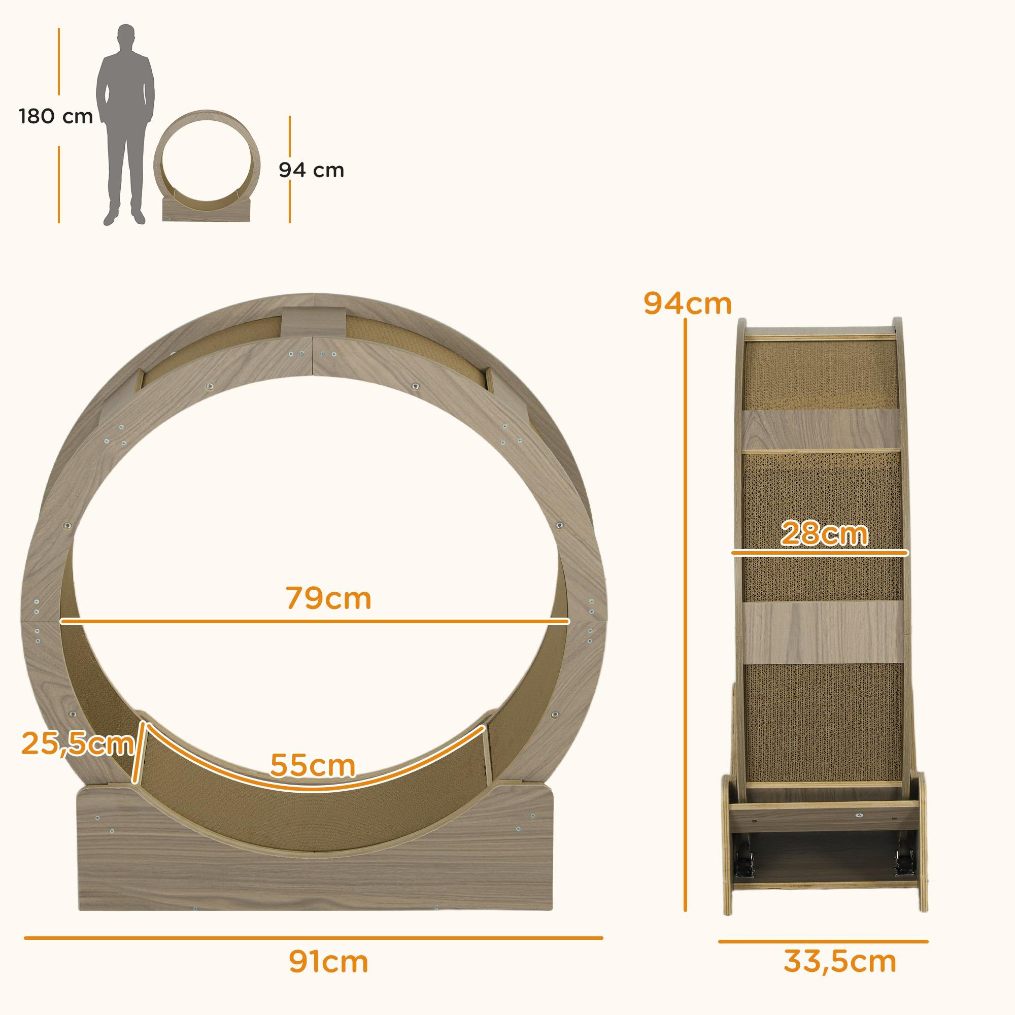 Diagramm mit Abmessungen eines Katzenrads. Es besteht aus Holz und hat Kratzflächen.