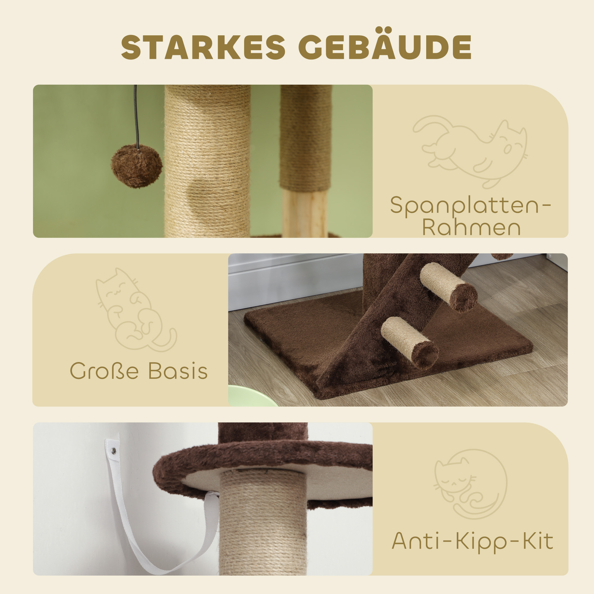 Illustrationen eines Kratzbaums, der seine starke Struktur, große Basis und Kippschutz zeigt.