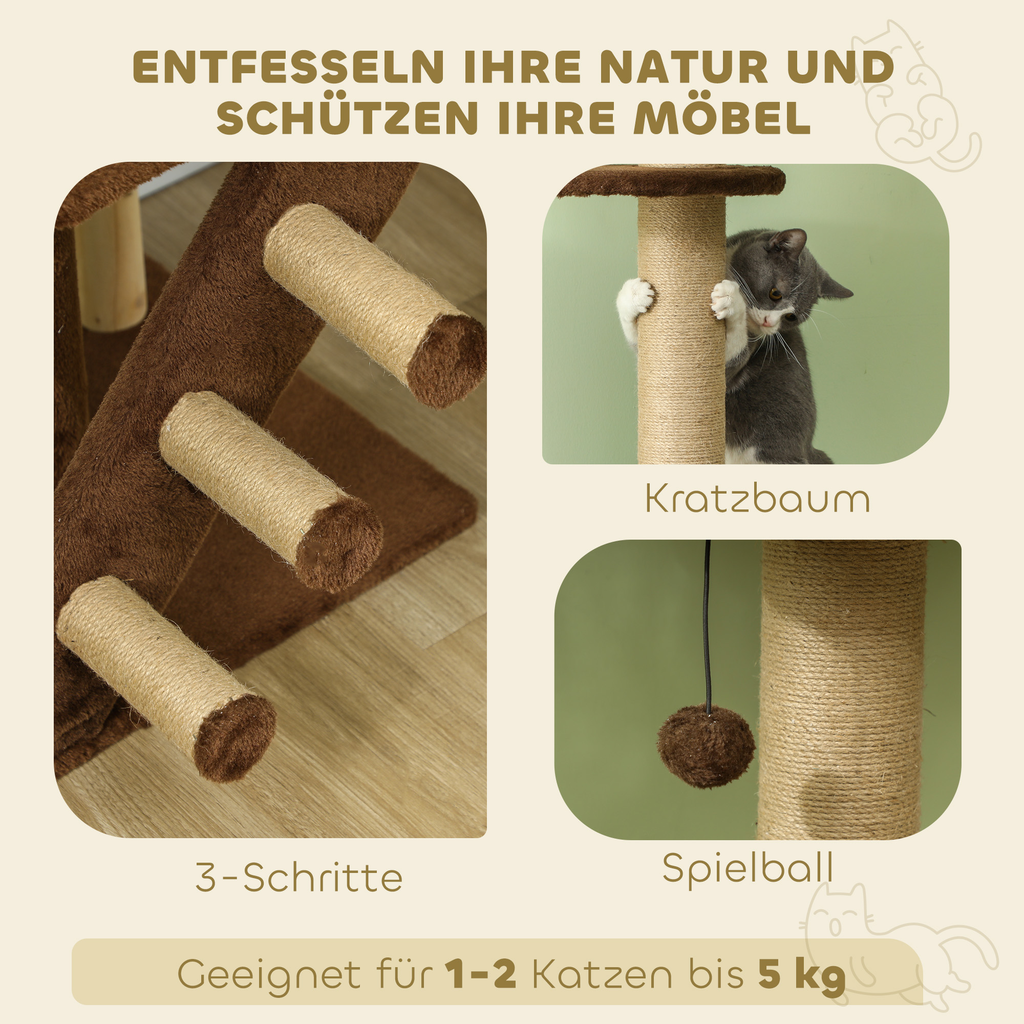 Ein Kratzbaum mit Kratzpfosten, einem Spielball und einer Katze auf einem Pfosten.