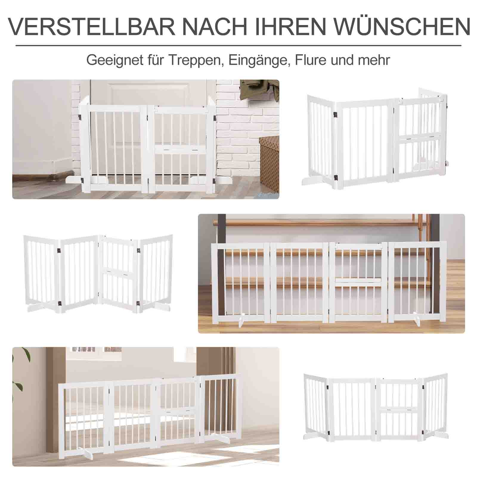 Weißes Haustiergitter in verschiedenen Umgebungen. Geeignet für Treppen, Türen und mehr.