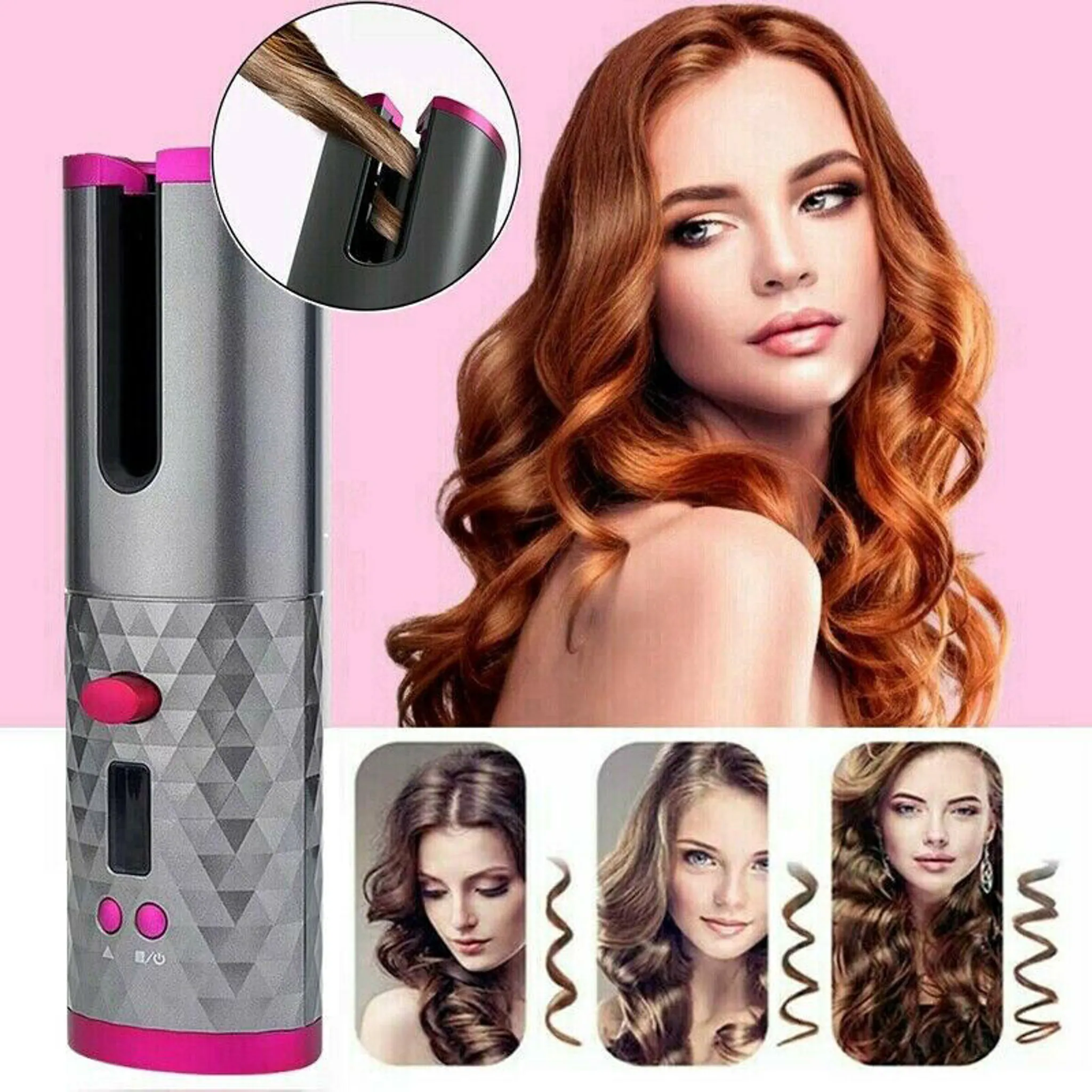 Haarstyler mit einer Frau mit langen Locken und Beispielen für verschiedene Locken.