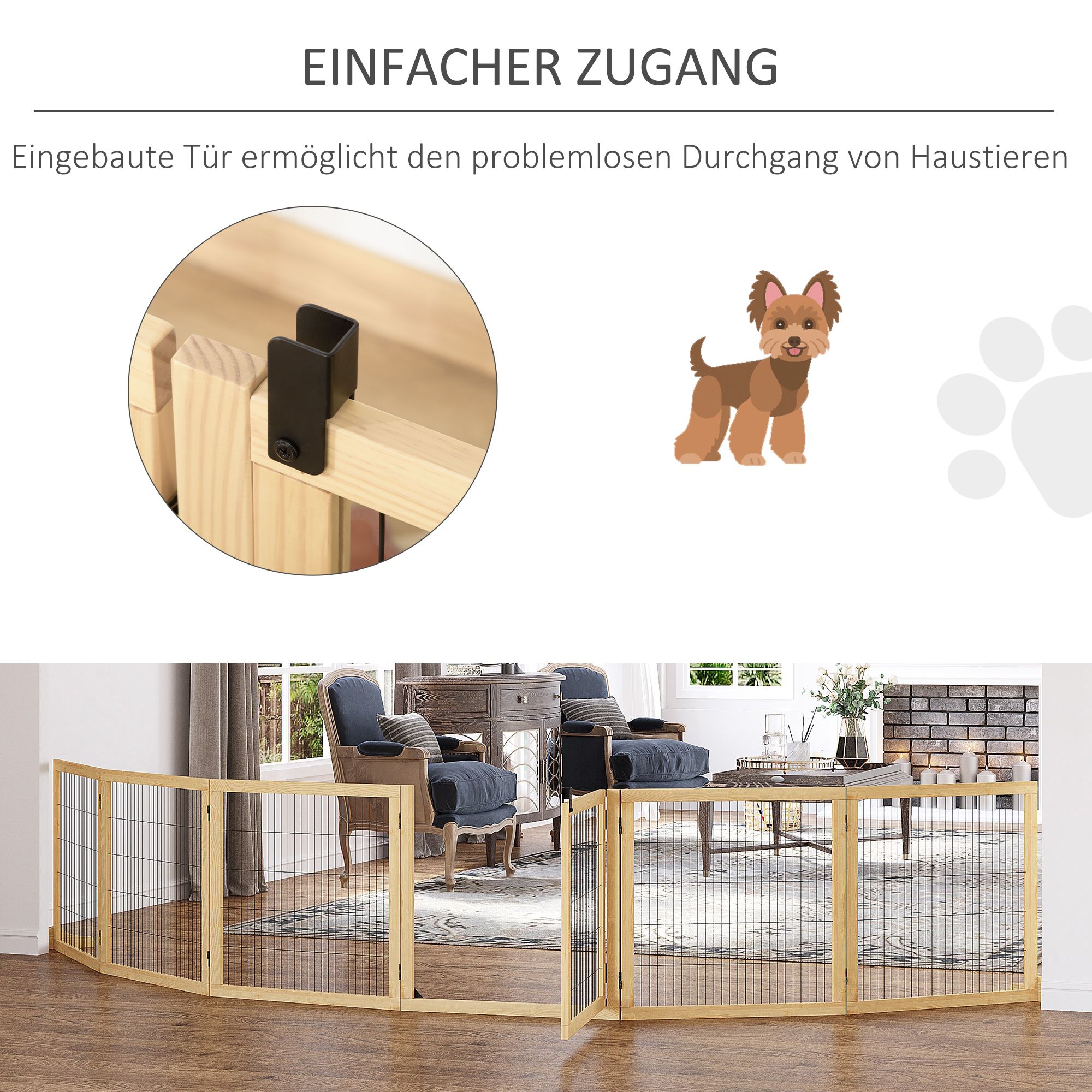 Hundetür aus Holz mit kleiner Hundeillustration. Tür für einfachen Zugang.