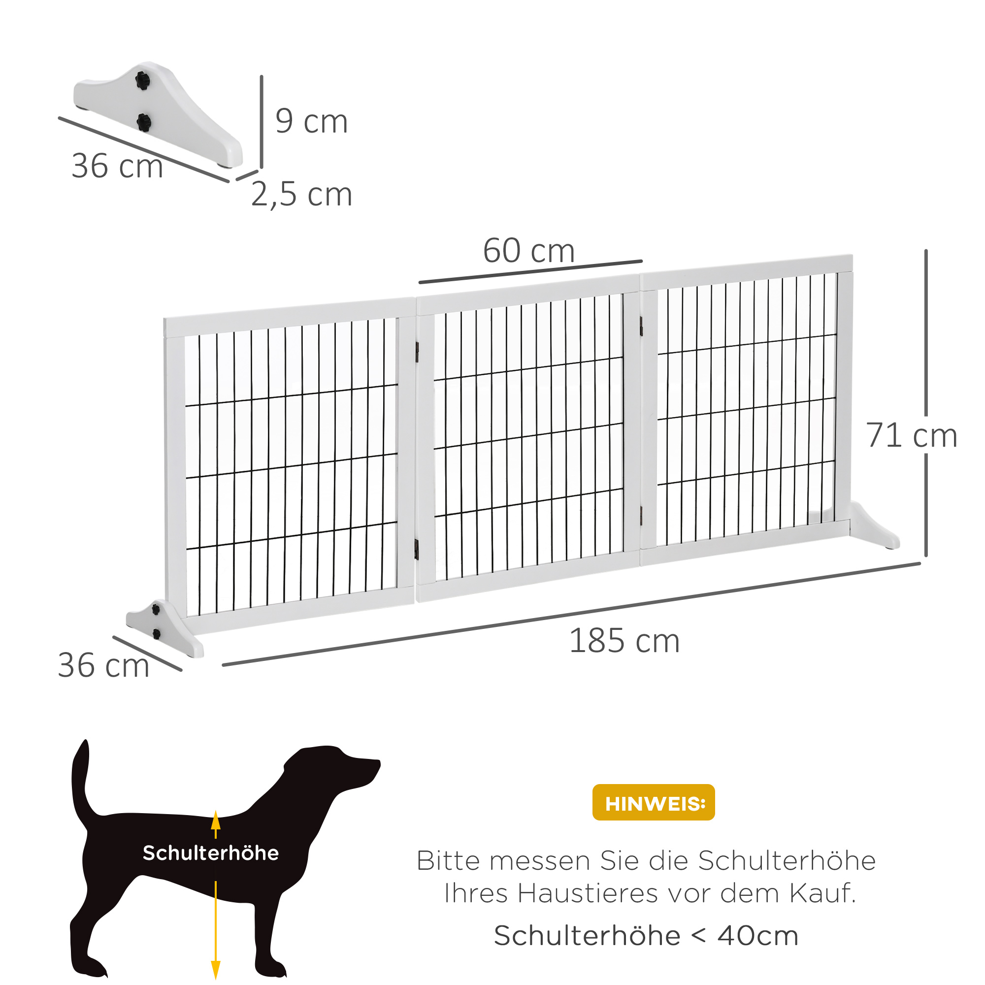 Ein weißes Tiergitter mit Abmessungen, einschließlich einer Hunde-Silhouette. Es hat Abmessungen und einen Hinweis.