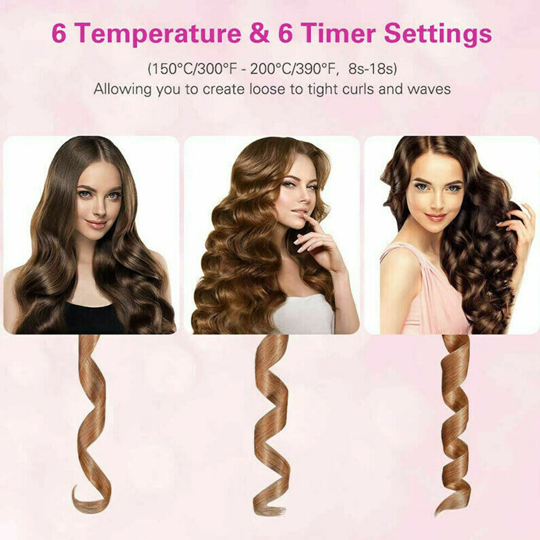Drei Bilder von Frauen mit verschiedenen Lockenstyles, mit Lockenstab und Einstellungen.