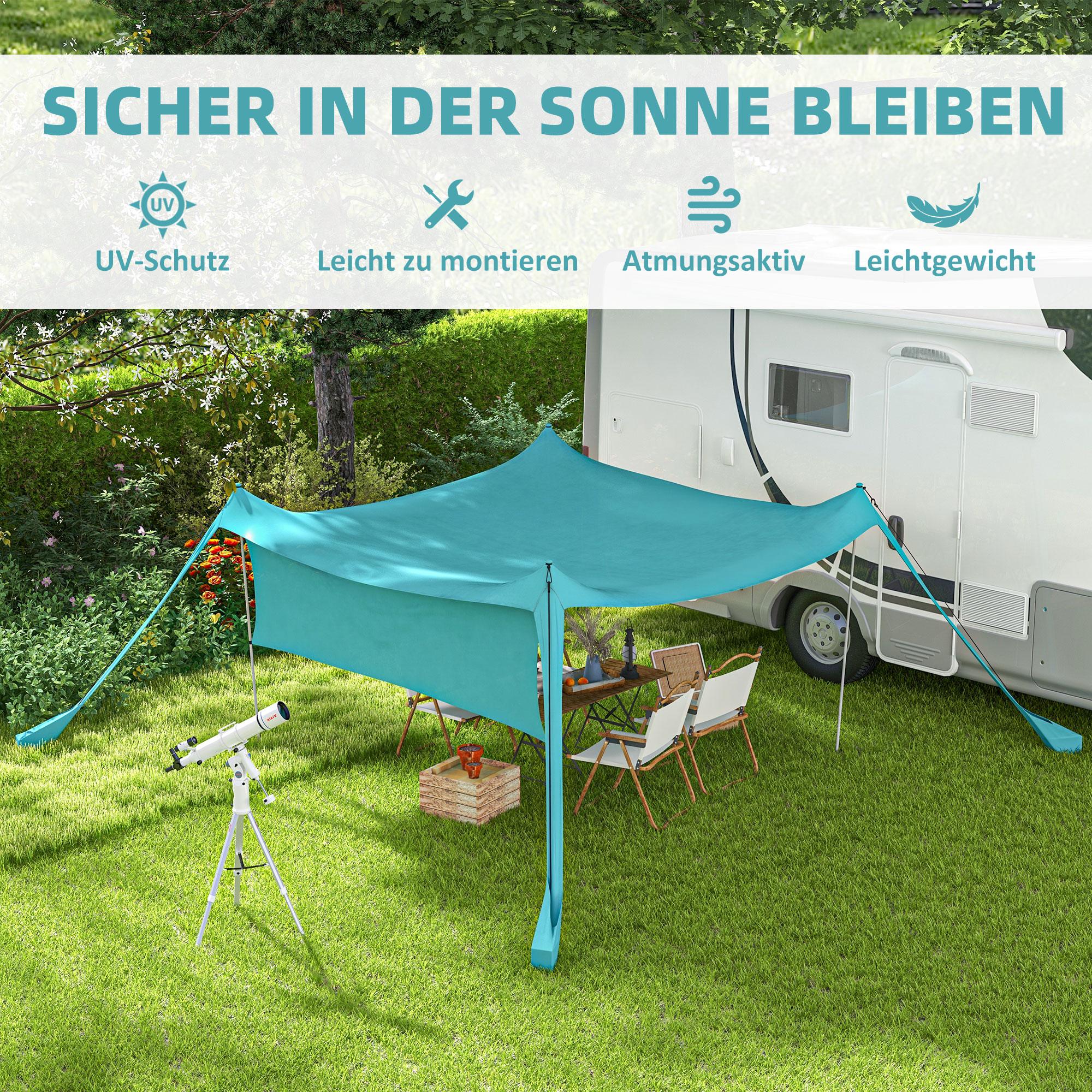 Ein Strandzelt auf Gras aufgebaut mit Text. Ein Wohnmobil und Teleskop sind im Hintergrund sichtbar.