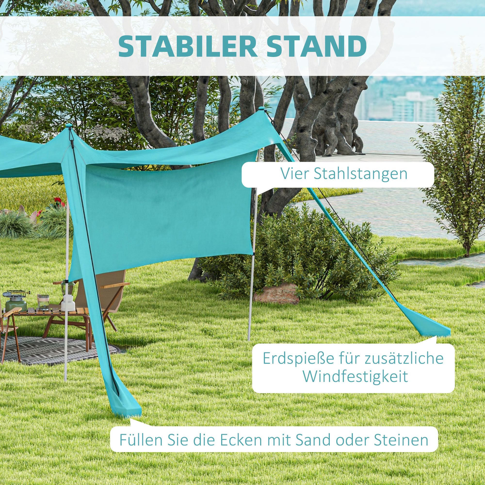 Ein Strandzelt auf Gras mit Text. Es zeigt die Stabilität des Zeltes mit einem Tisch und Stühlen.