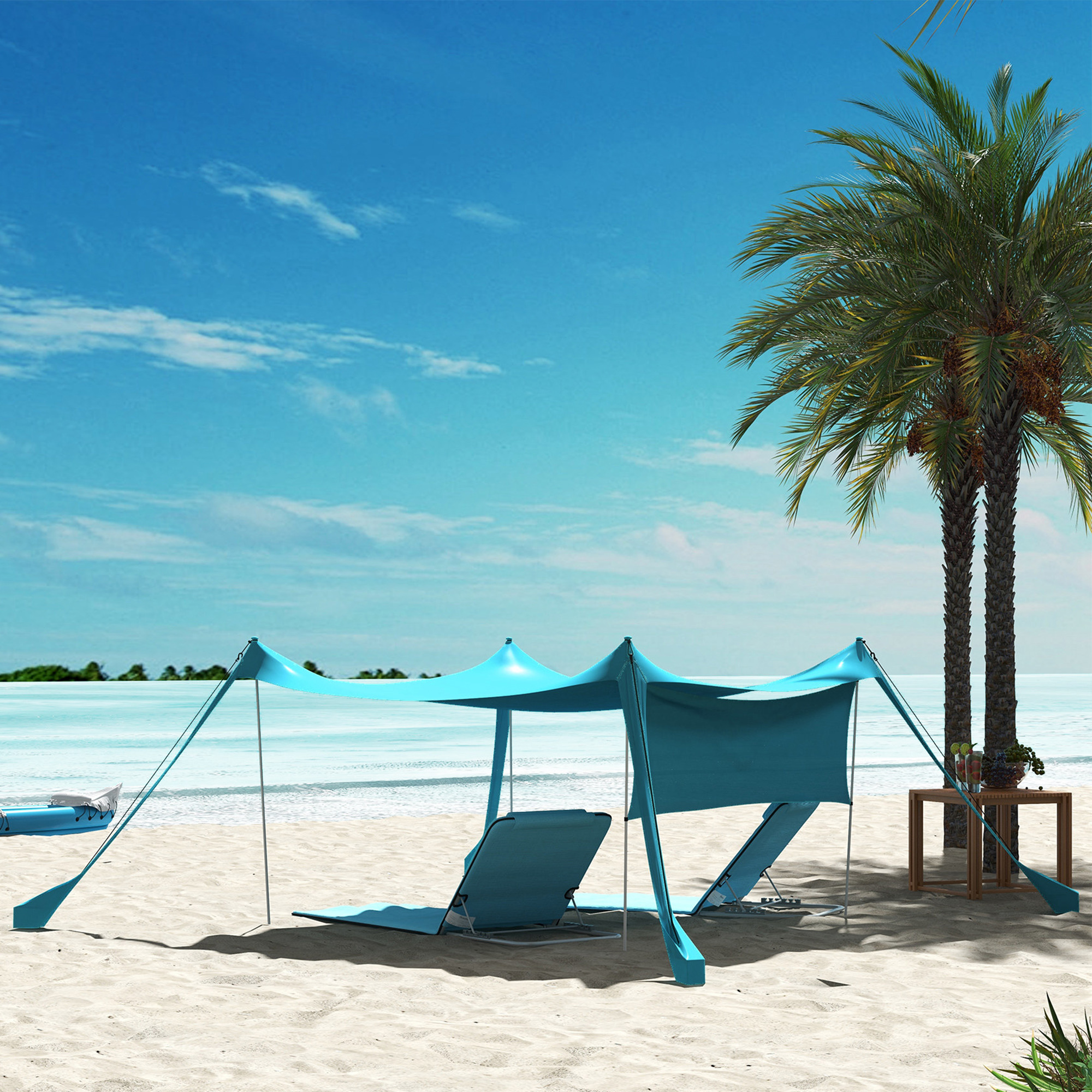 Strandszene mit blauem Zelt, Liegestuhl und Tisch. Palmen und blauer Himmel im Hintergrund.