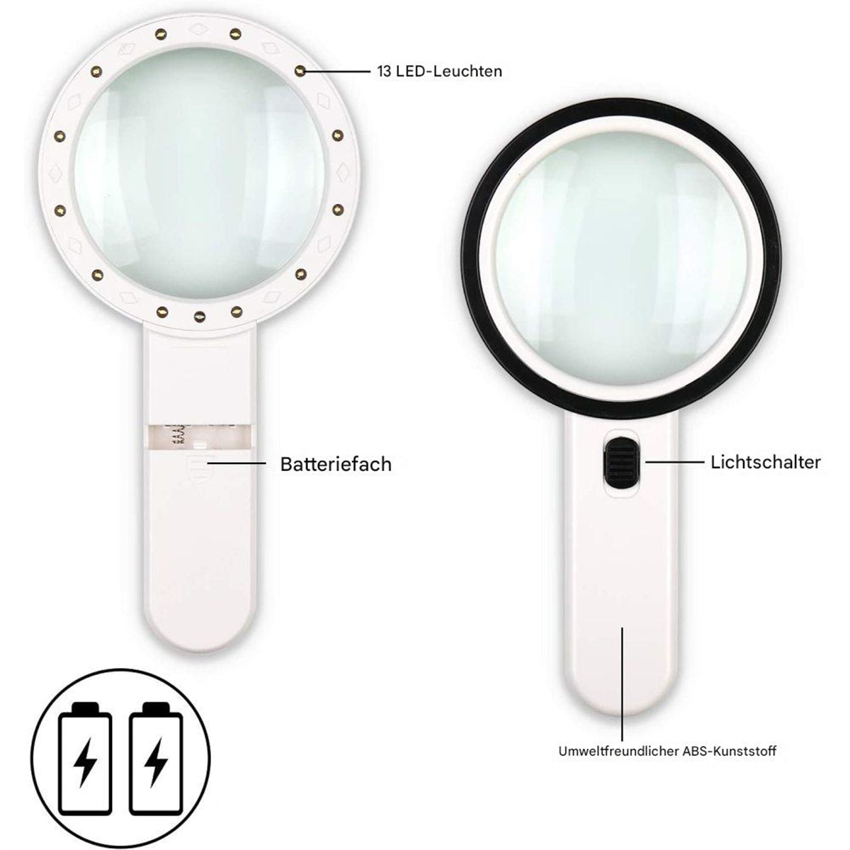 Zwei weiße Lupen. Eine hat 13 LED-Leuchten um die Linse. Die andere hat einen schwarzen Rahmen.
