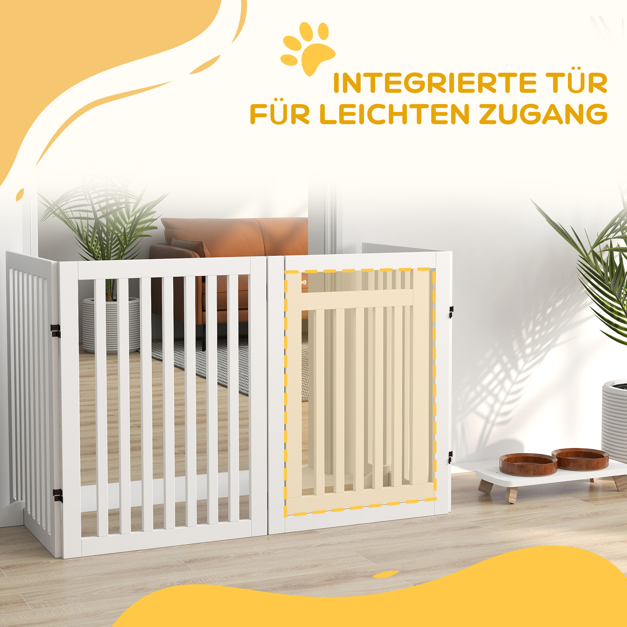 Weißes Haustiertor mit einer Flügeltür. Das Tor ist geöffnet. Die Tür ist in einem weißen Rahmen.