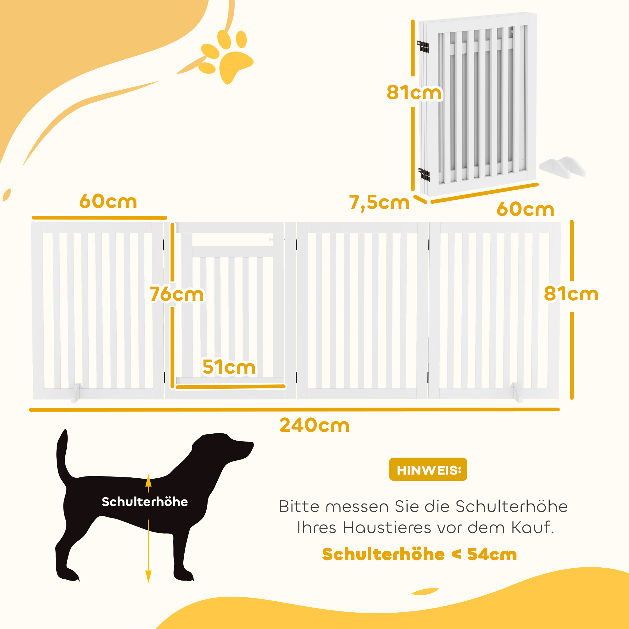 Diagramm der Abmessungen eines Haustor. Zeigt Breite, Höhe und Maße mit Hunde-Silhouette als Referenz.
