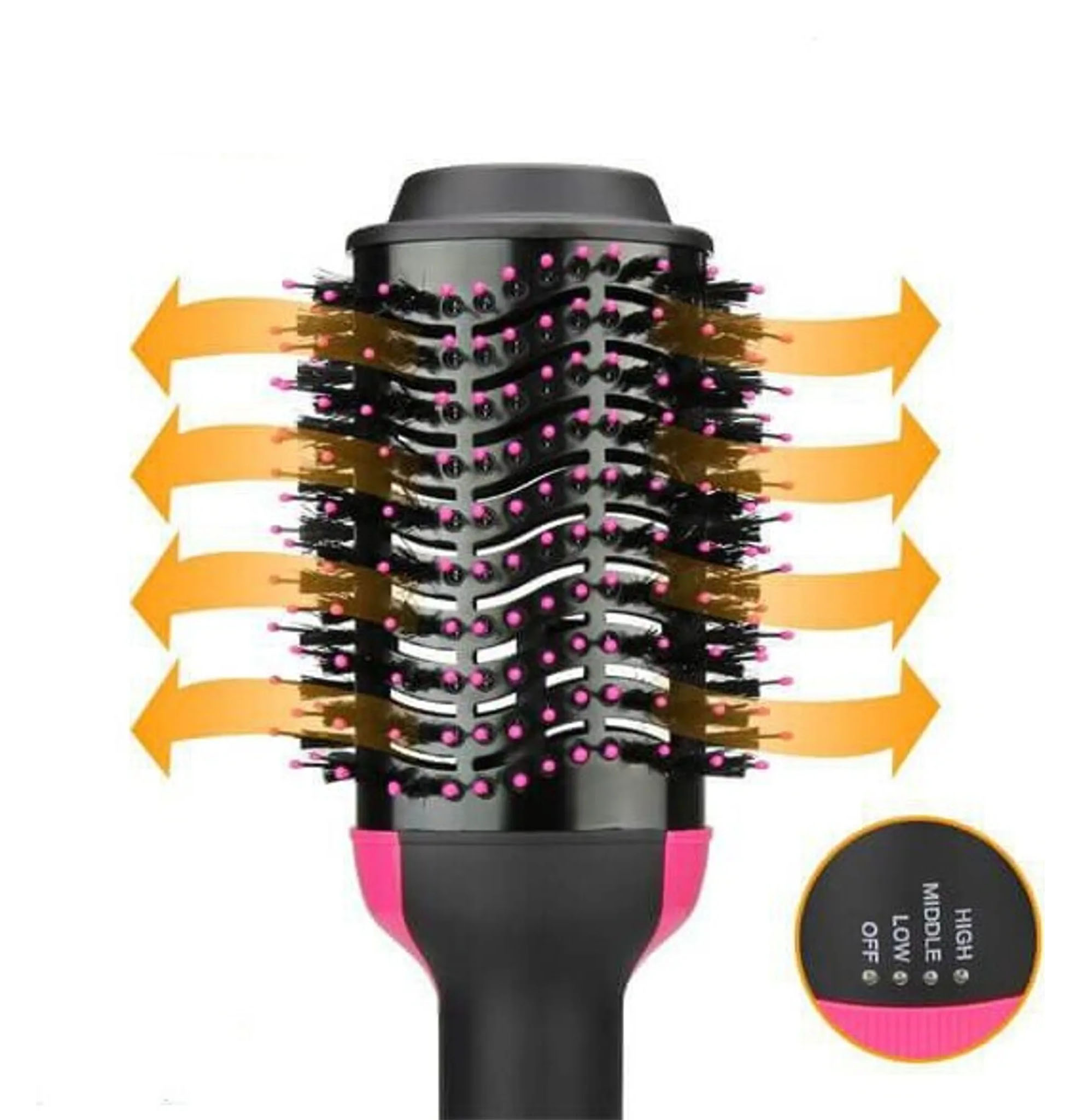 Nahaufnahme einer schwarz-rosa Haartrocknerbürste. Pfeile zeigen die Luftstromrichtung und Einstellungen.