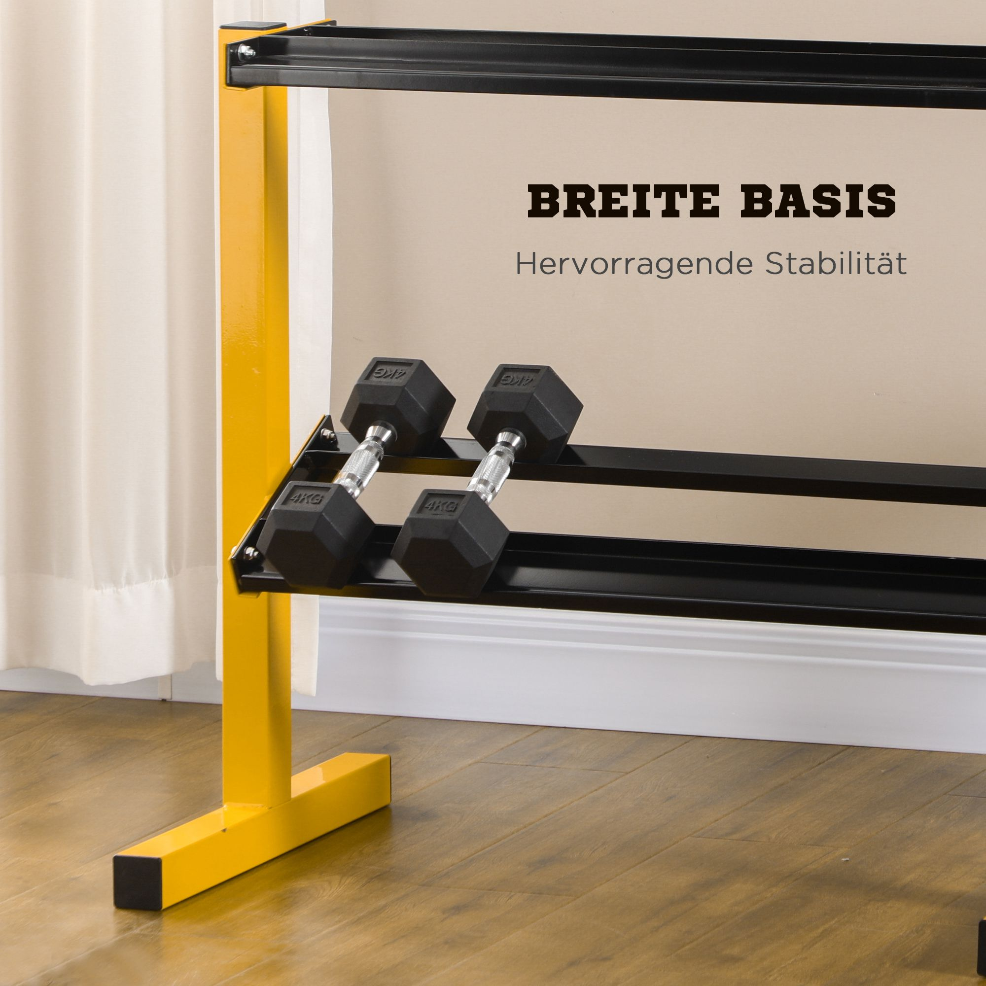 Ein gelbes Hantelregal mit Hanteln auf den Ablagen. Text: 'Breite Basis'.