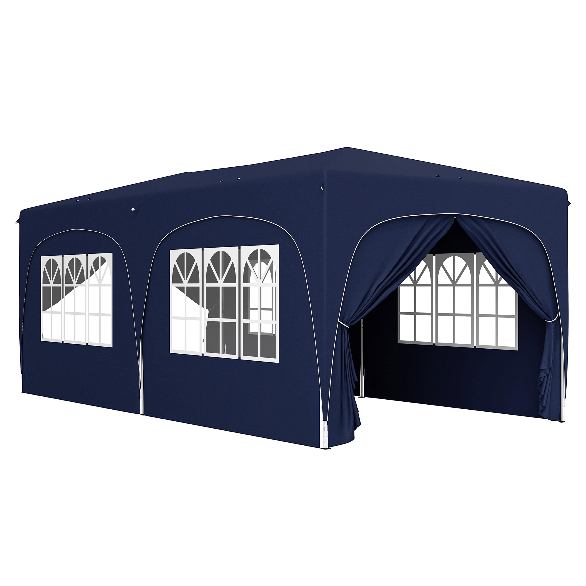 Marineblauer Pavillon. Merkmale sind Fenster und ein Eingang mit Vorhängen.