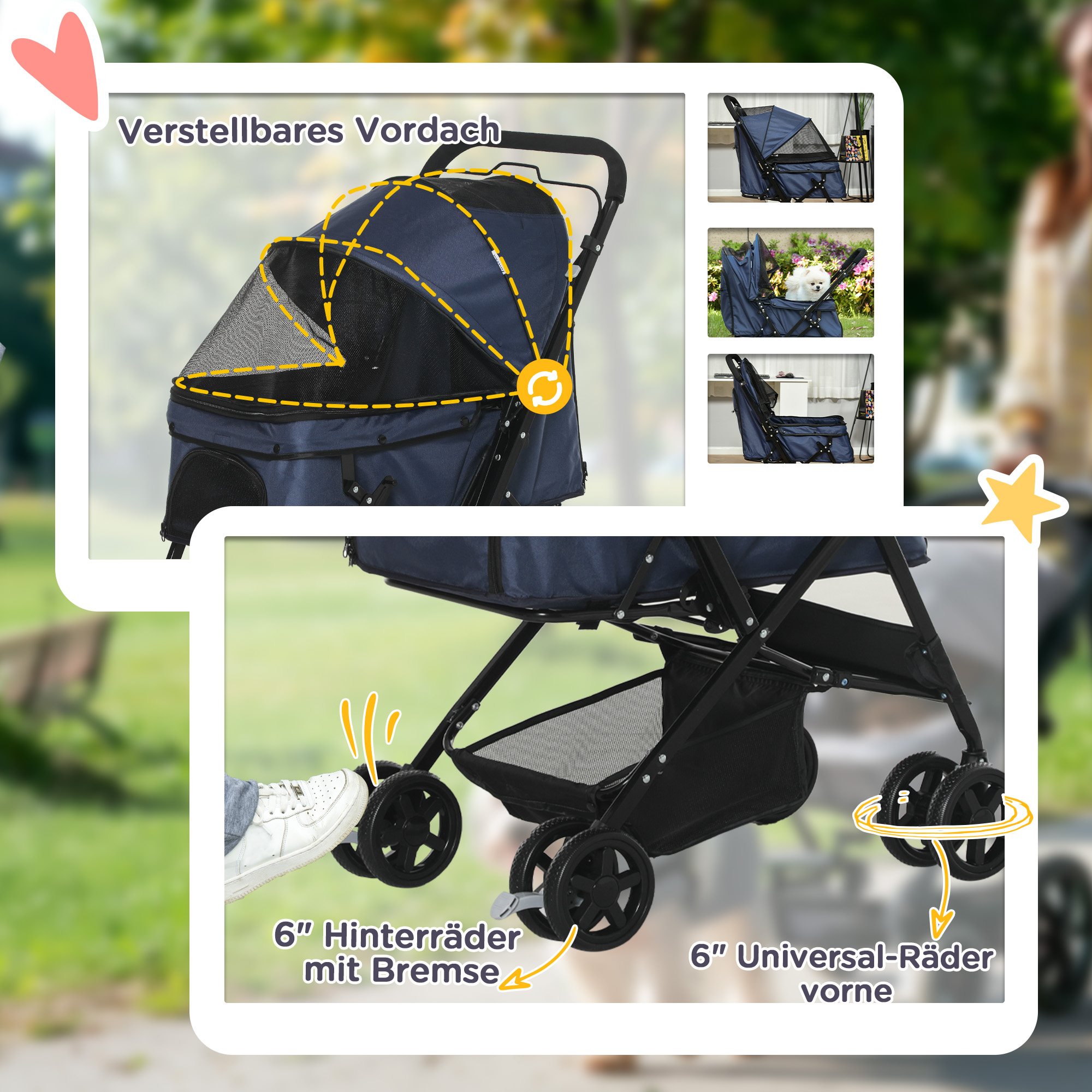 Nahaufnahme der Funktionen des Haustier-Kinderwagens. Verstellbares Verdeck, Radbremse und Faltdesign.