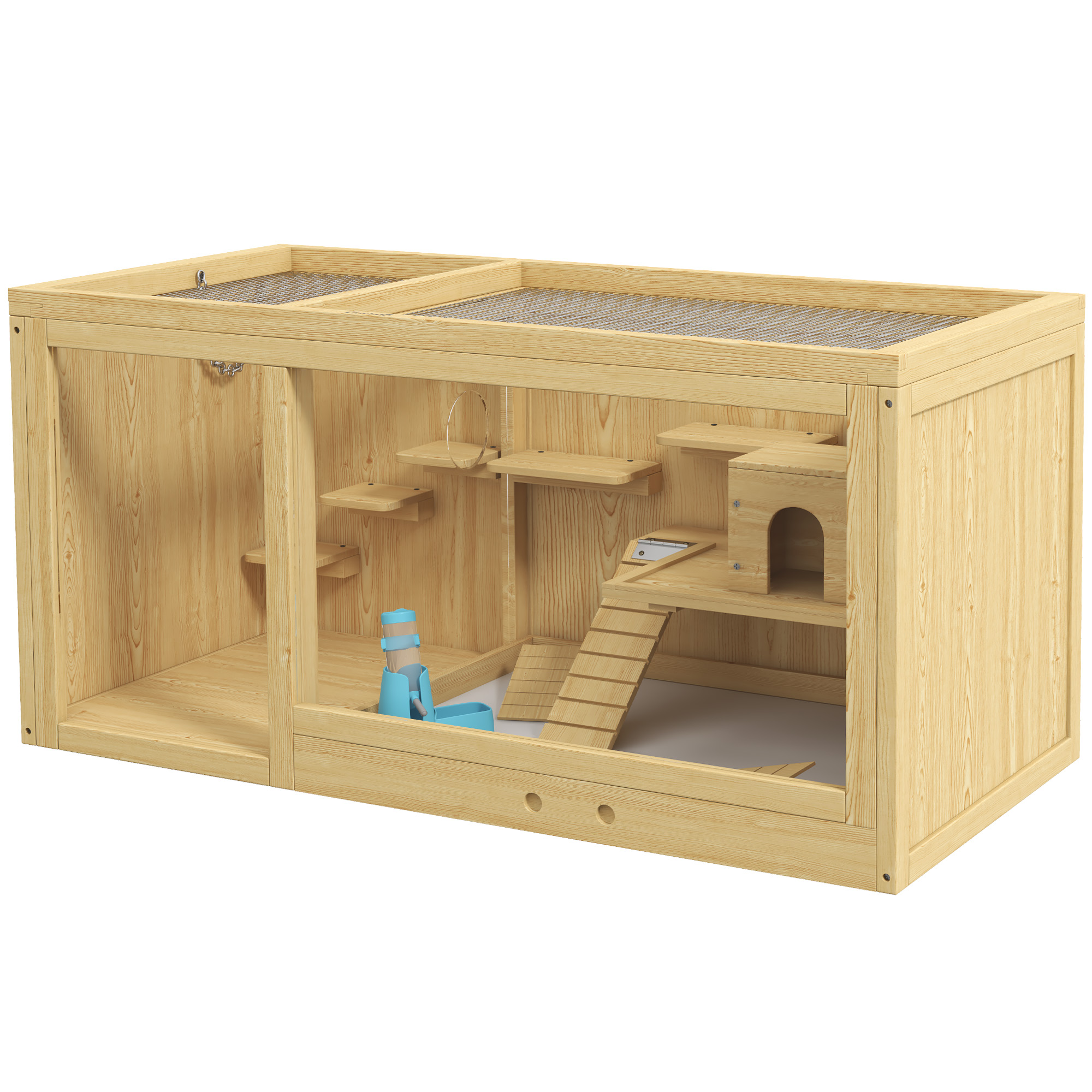 Holz-Hamsterkäfig mit mehreren Ebenen, Rampen und einem Haus. Abmessungen sind angegeben.