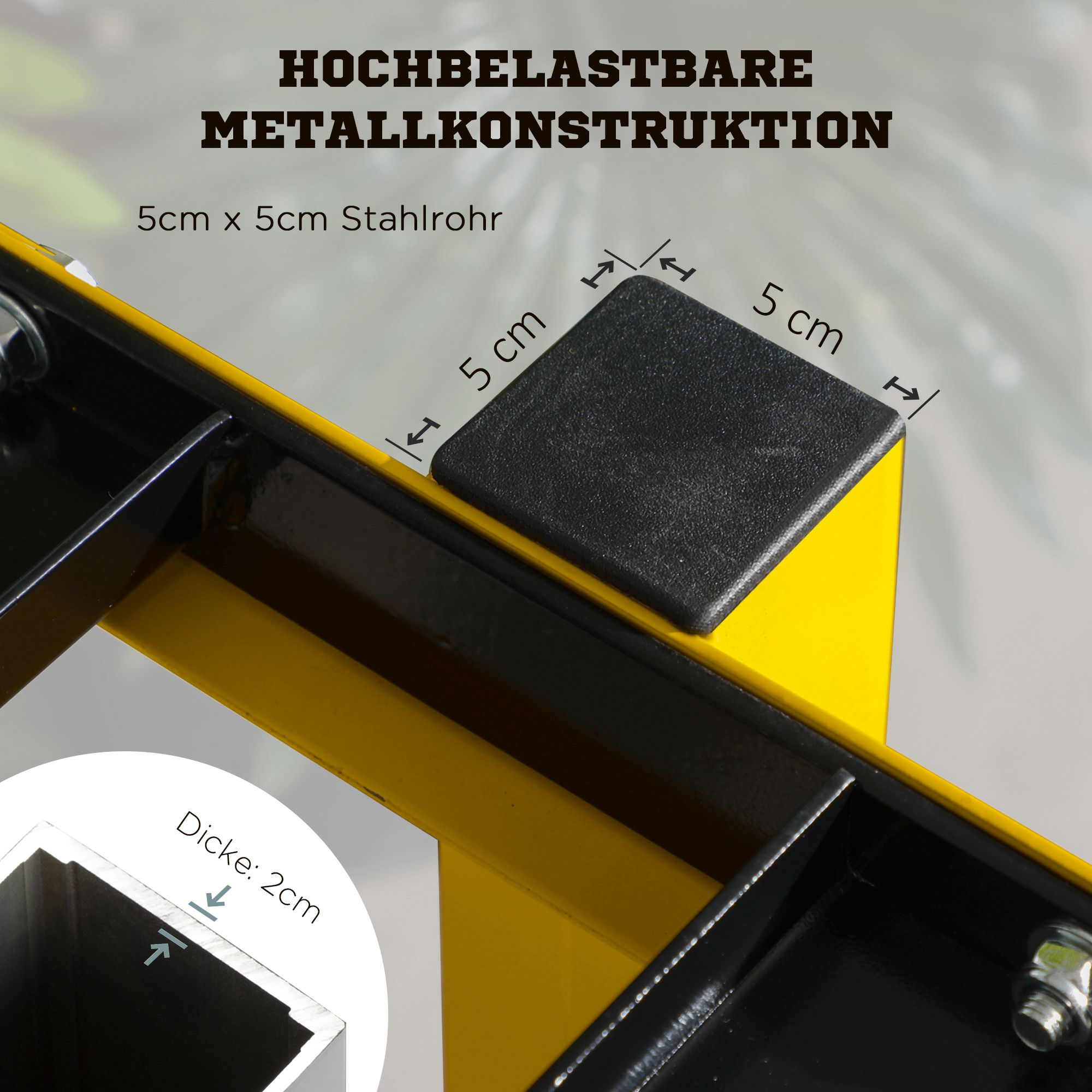 Nahaufnahme einer stabilen Metallkonstruktion. Zeigt Abmessungen der Metallrahmenkomponenten.