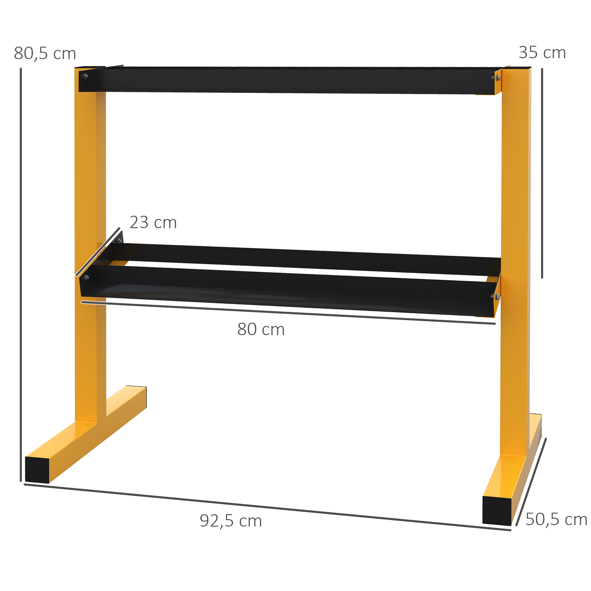 Diagramm mit Regalabmessungen. Beinhaltet Gesamthöhe, Breite und Tiefe des Regals.