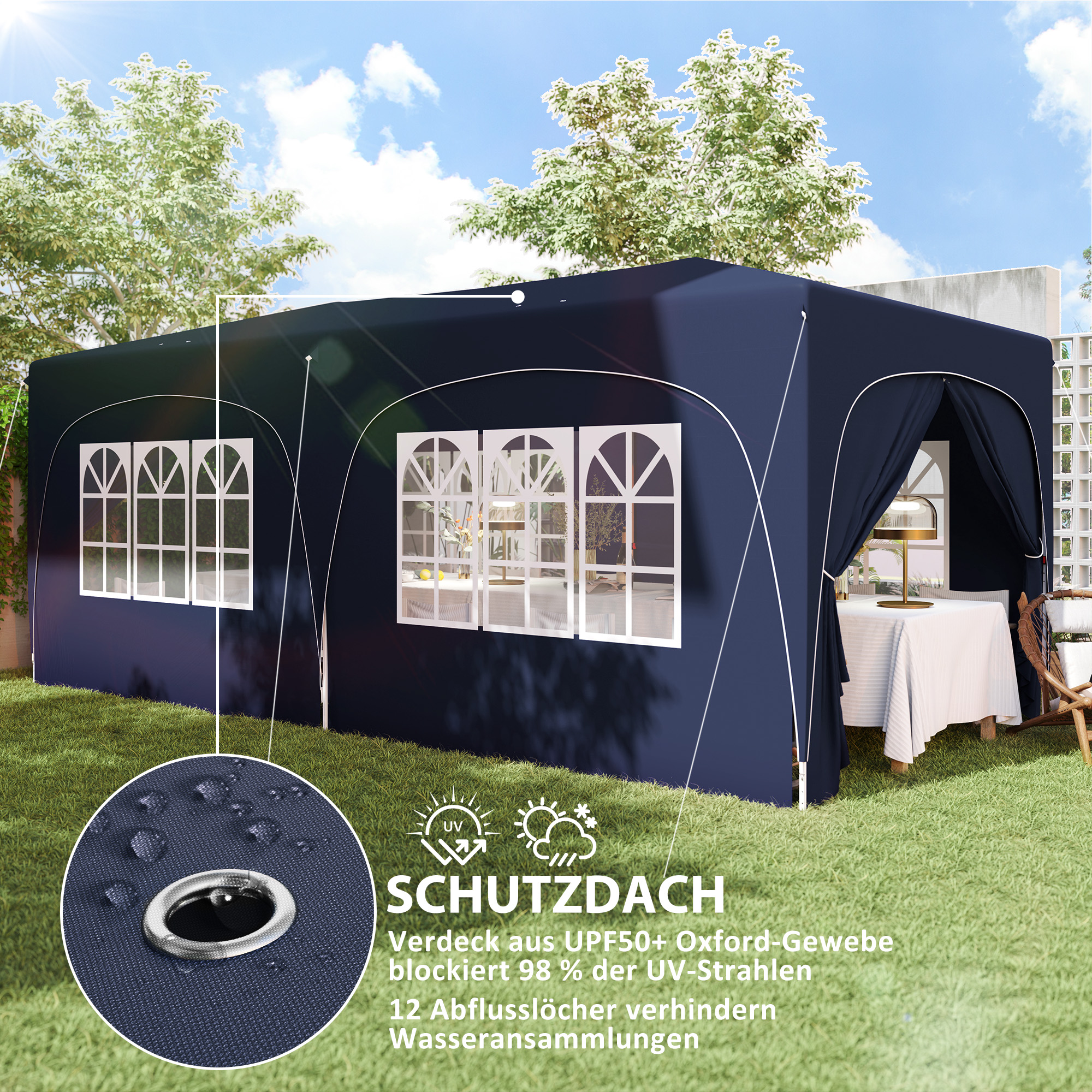 Blaues Zelt im Garten. Text sagt, es blockt UV-Strahlen und hat Ablauflöcher gegen Wasseransammlung.