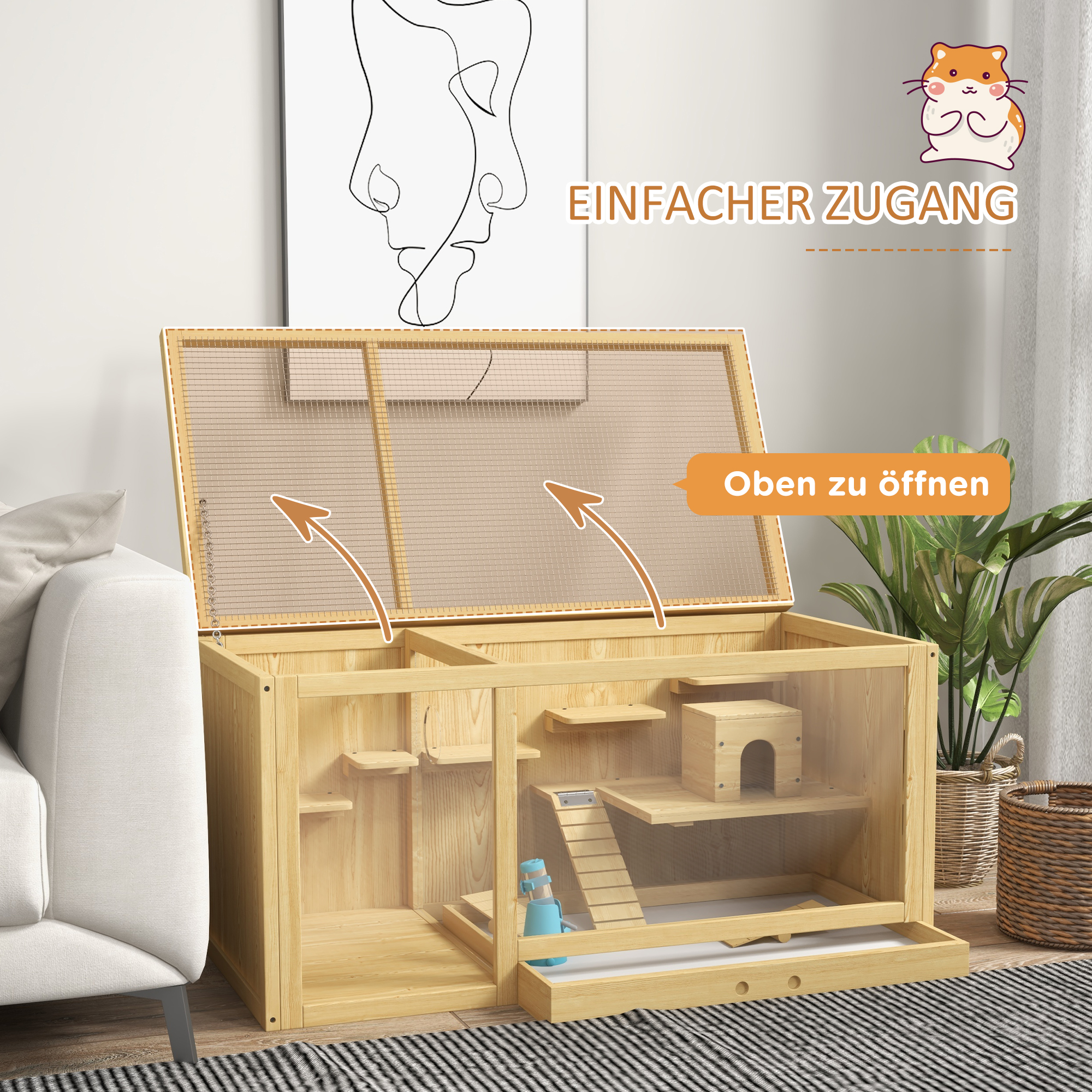 Holz-Hamsterkäfig mit Ebenen, Haus und Einstreu. Die Oberseite lässt sich öffnen.