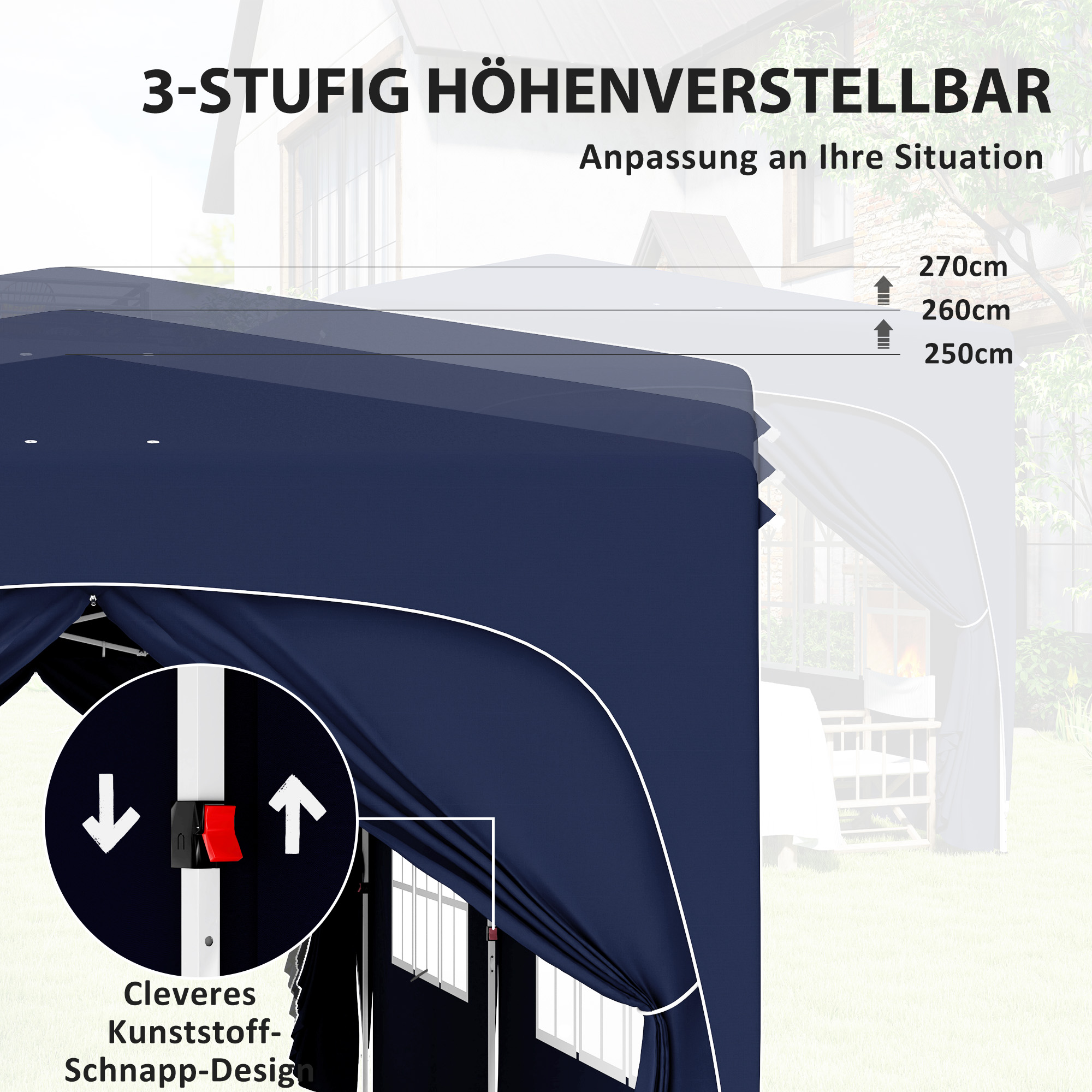 Dunkelblaues Zelt mit Höhenverstellmöglichkeiten. Zeigt drei verschiedene Höheneinstellungen.