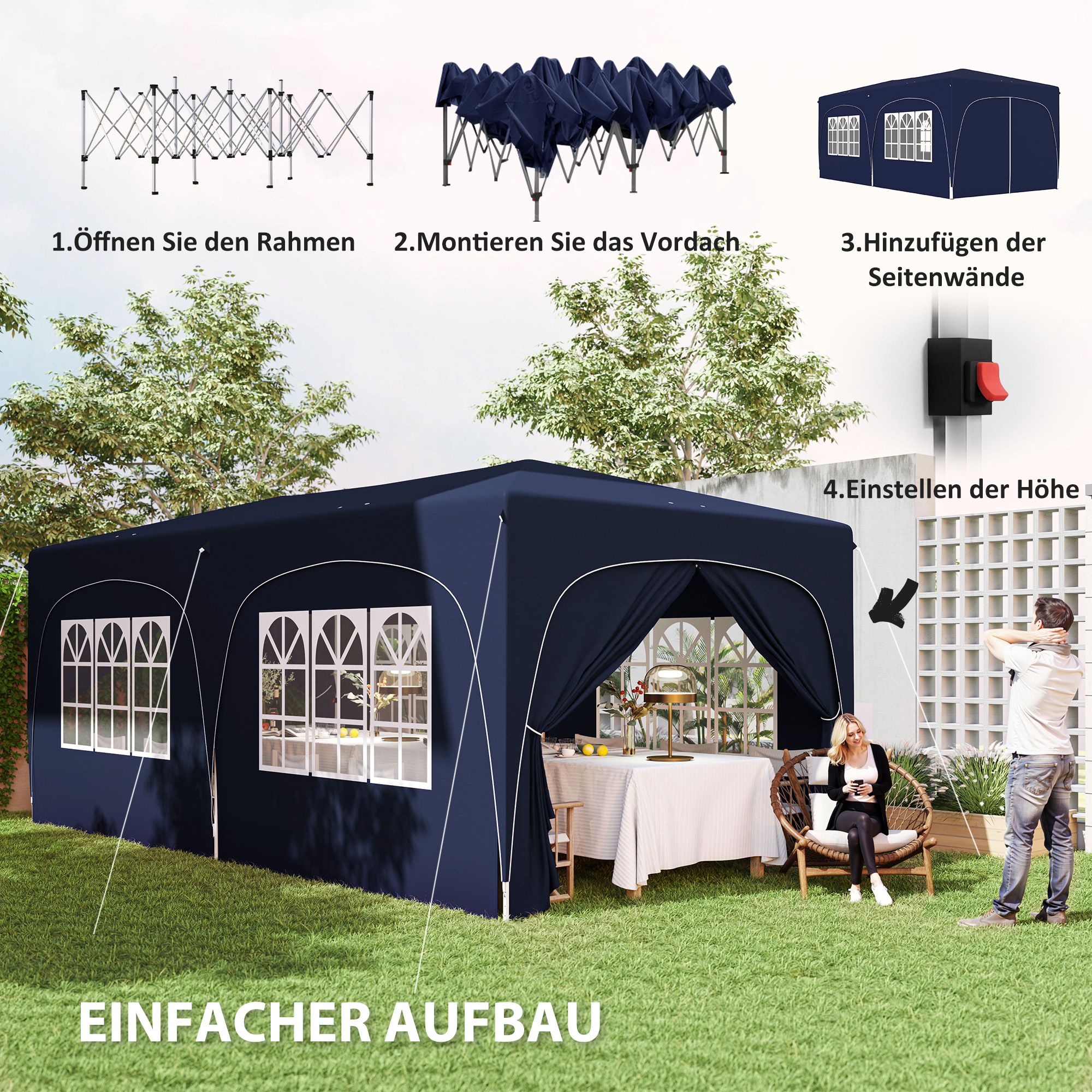 Blaues Zelt mit Fenstern und Personen. Anweisungen zeigen Rahmen, Dach, Wände und Höhenverstellung.