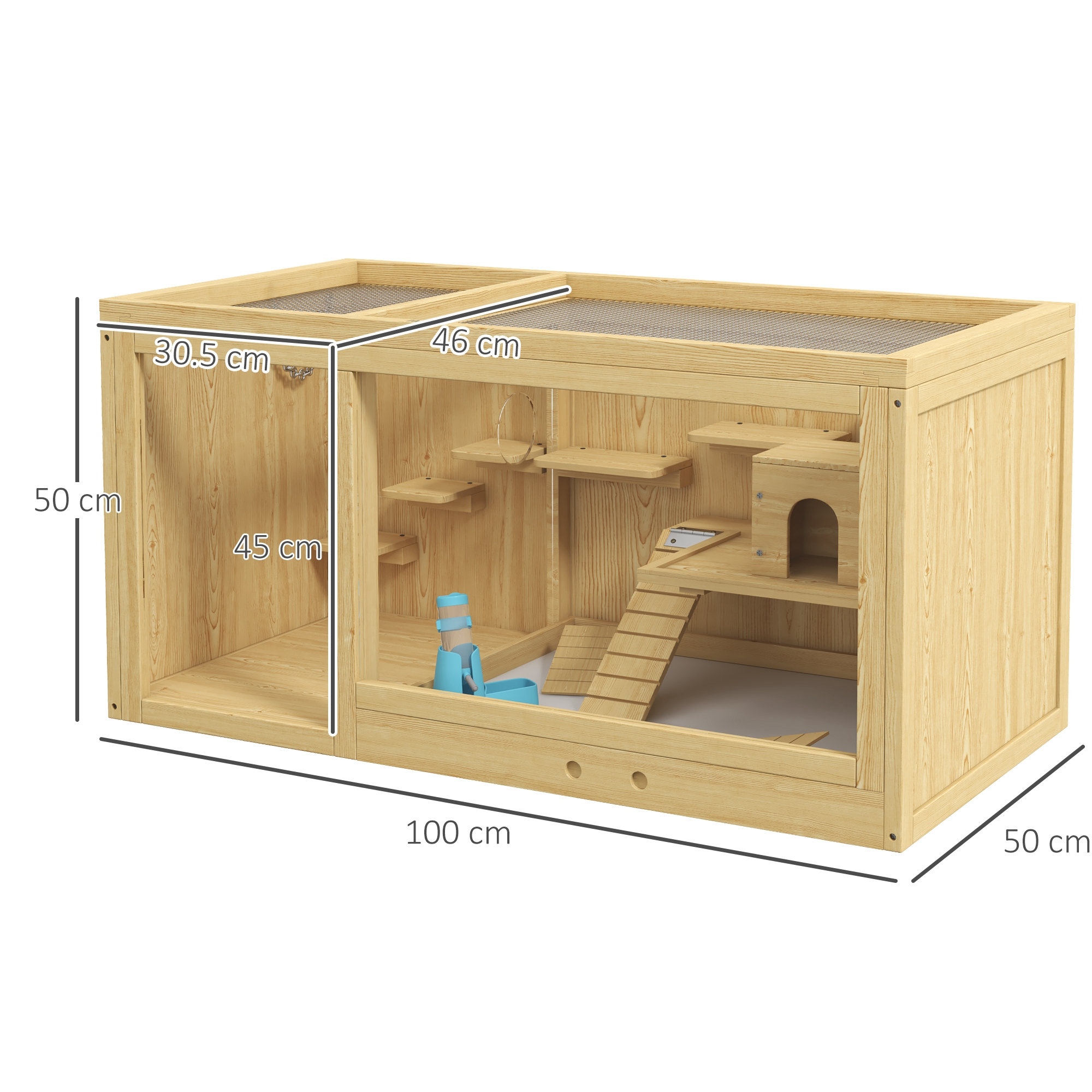 Holz-Hamsterkäfig mit mehreren Ebenen, Rampen und einem Haus. Abmessungen sind angegeben.