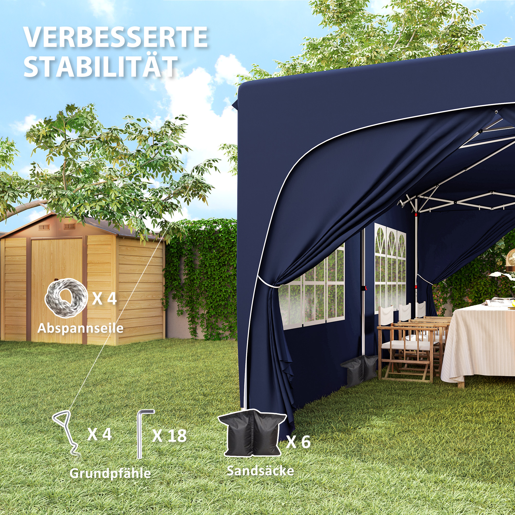 Marineblauer Pavillon in einem Garten, mit einem Holzschuppen und Verankerungszubehör auf dem Rasen.