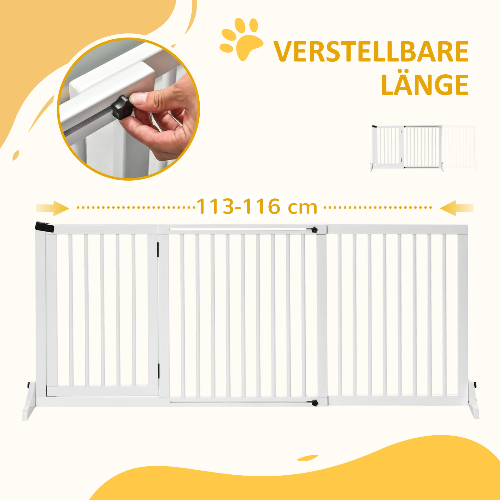 Verstellbares weißes Haustiergitter. Es kann von 113 bis 116 cm eingestellt werden.