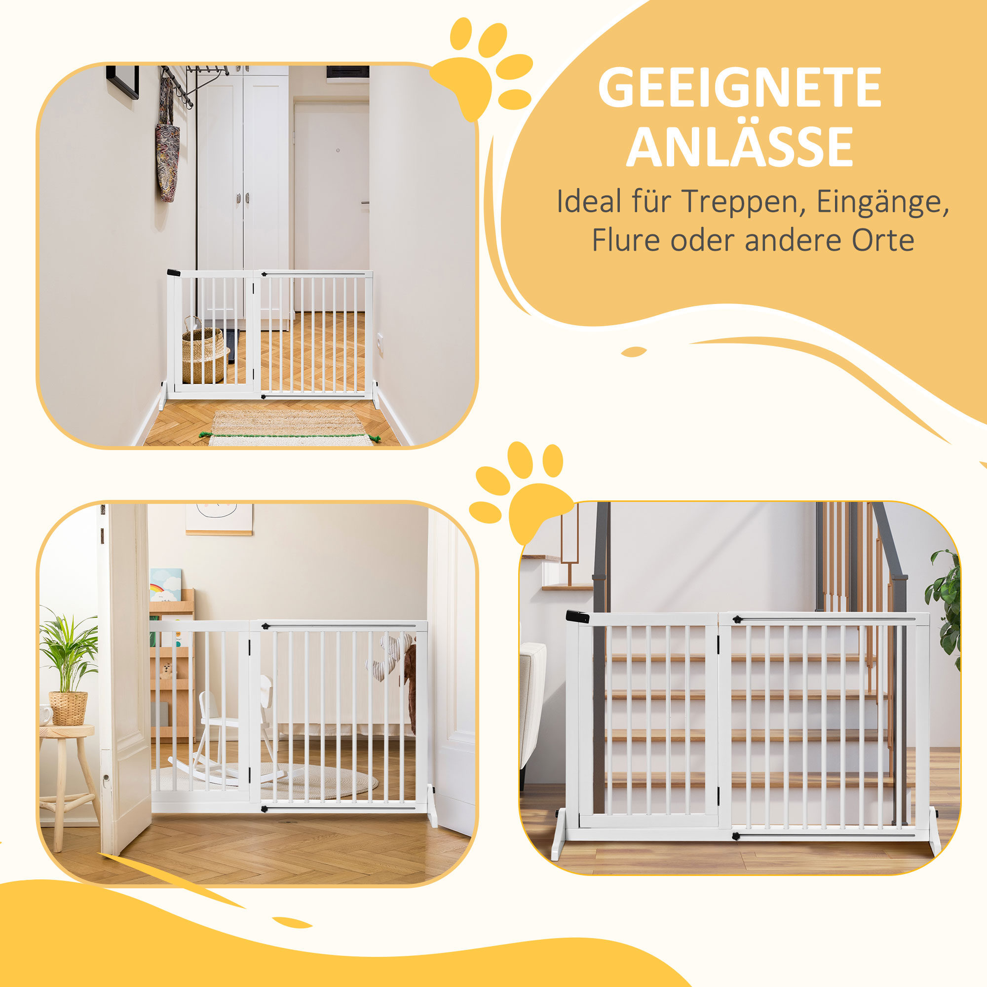 Drei weiße Haustiergitter in verschiedenen Umgebungen. Geeignet für Treppen, Eingänge und Flure.