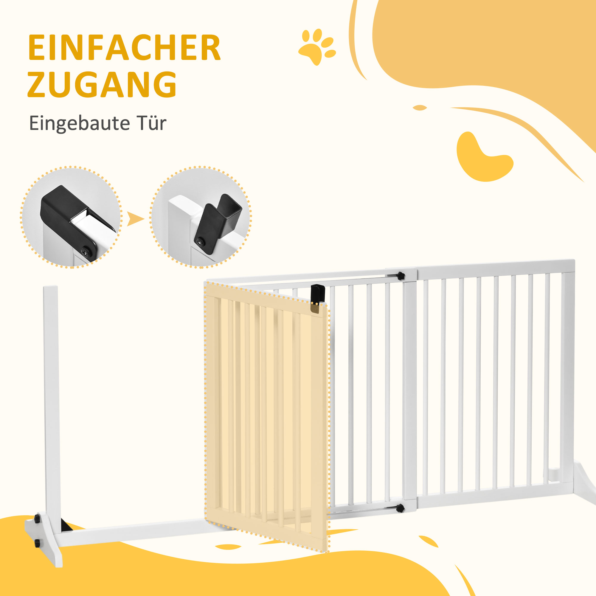 Ein Haustiergitter mit eingebauter Tür und Befestigung. Das Gitter ist weiß mit Holzlatten.