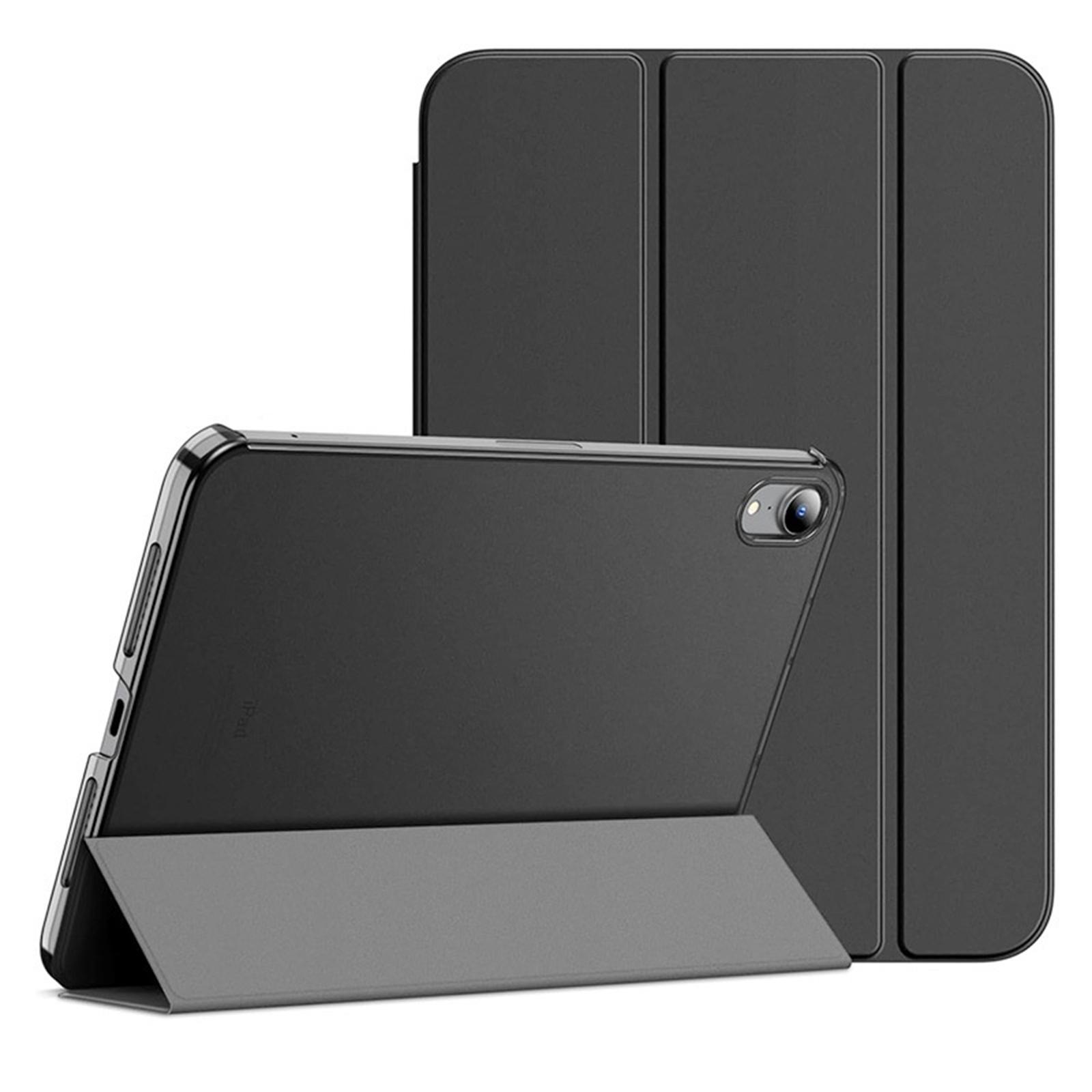 Eine schwarze iPad-Hülle mit faltbarem Deckel, geschlossen und geöffnet. Das iPad ist schwarz.