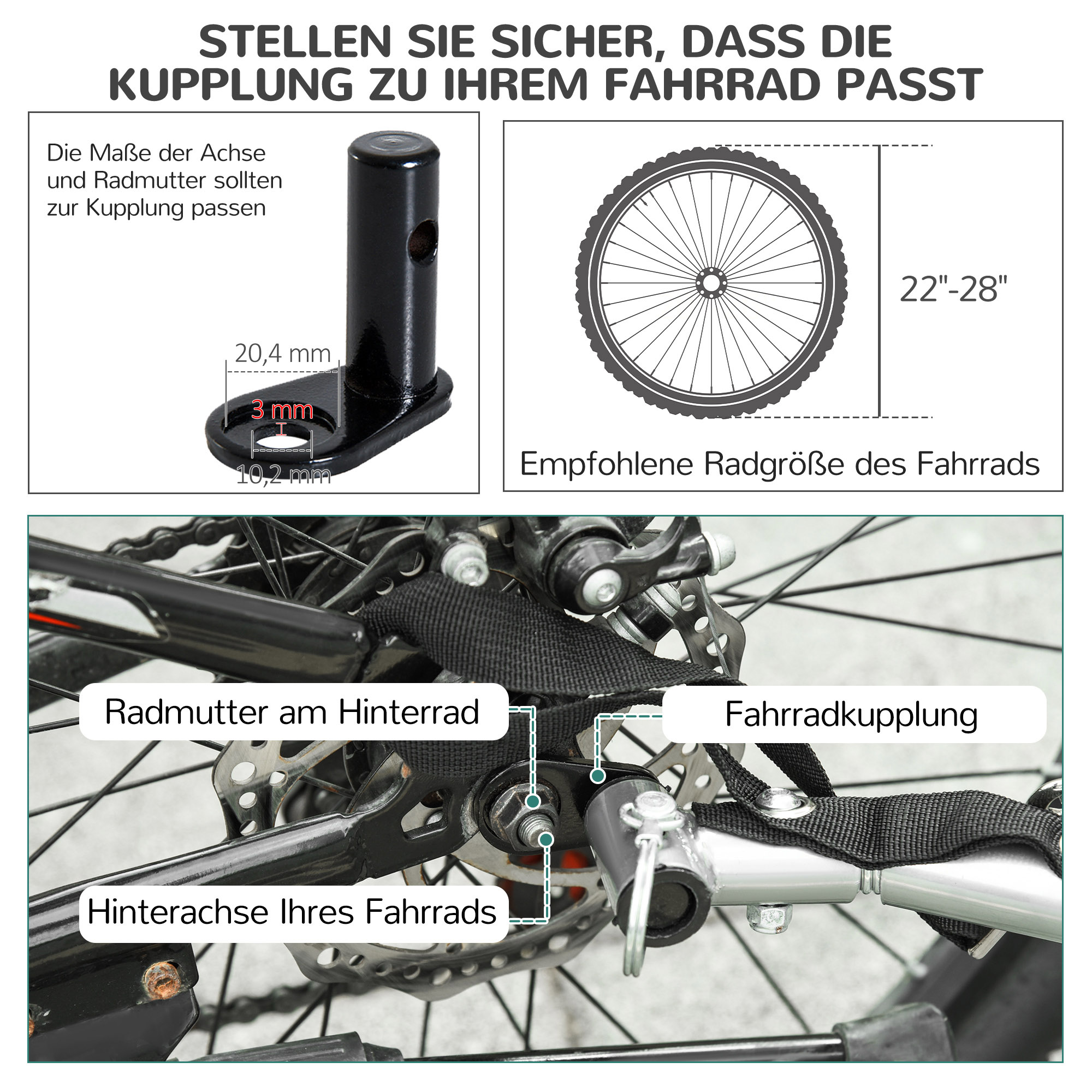 Diagramm mit Details zur Fahrradkupplung, einschließlich Achsenabmessungen und empfohlener Radgröße.