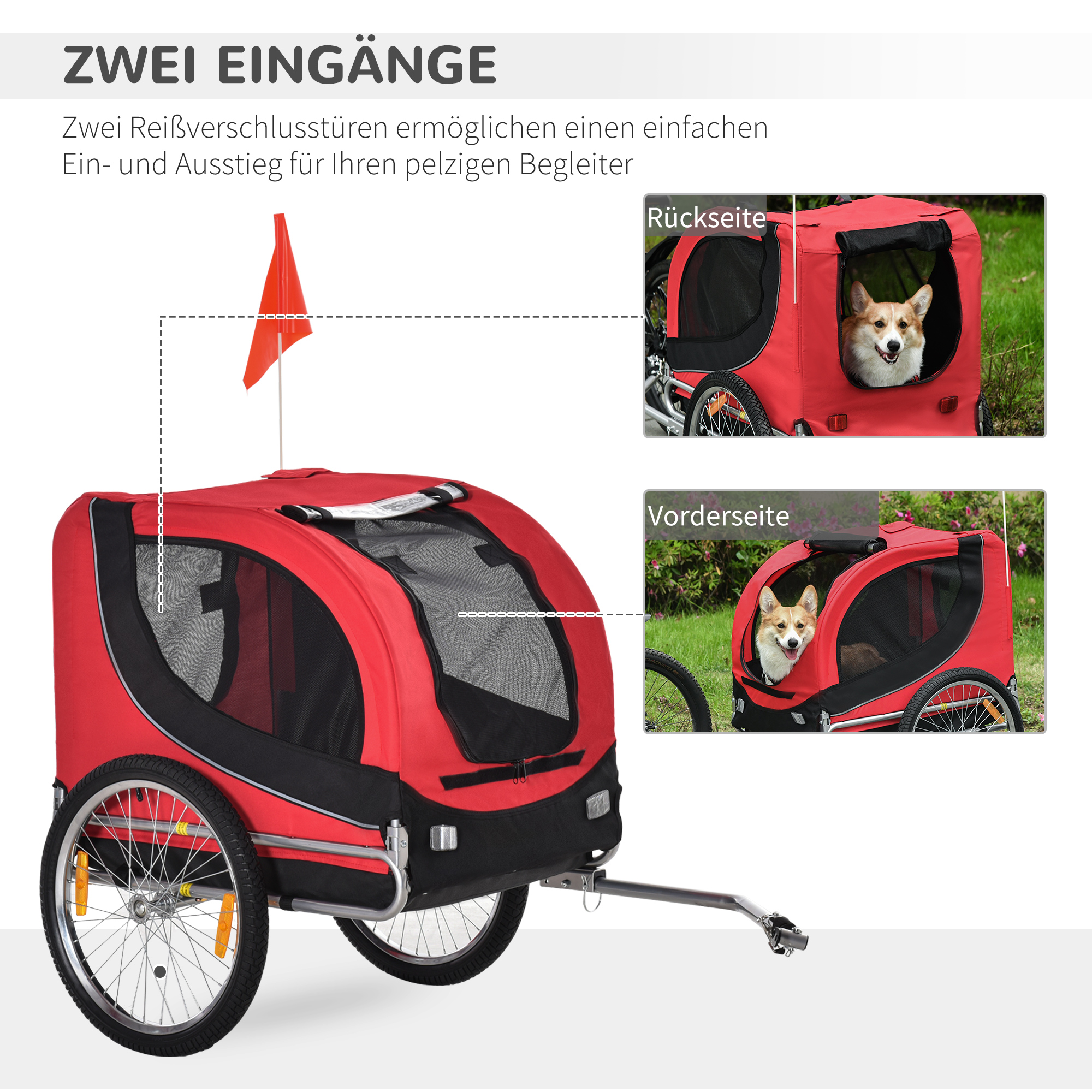 Roter Hundeanhänger mit zwei Eingängen, einer Fahne und einem Hund im Inneren.