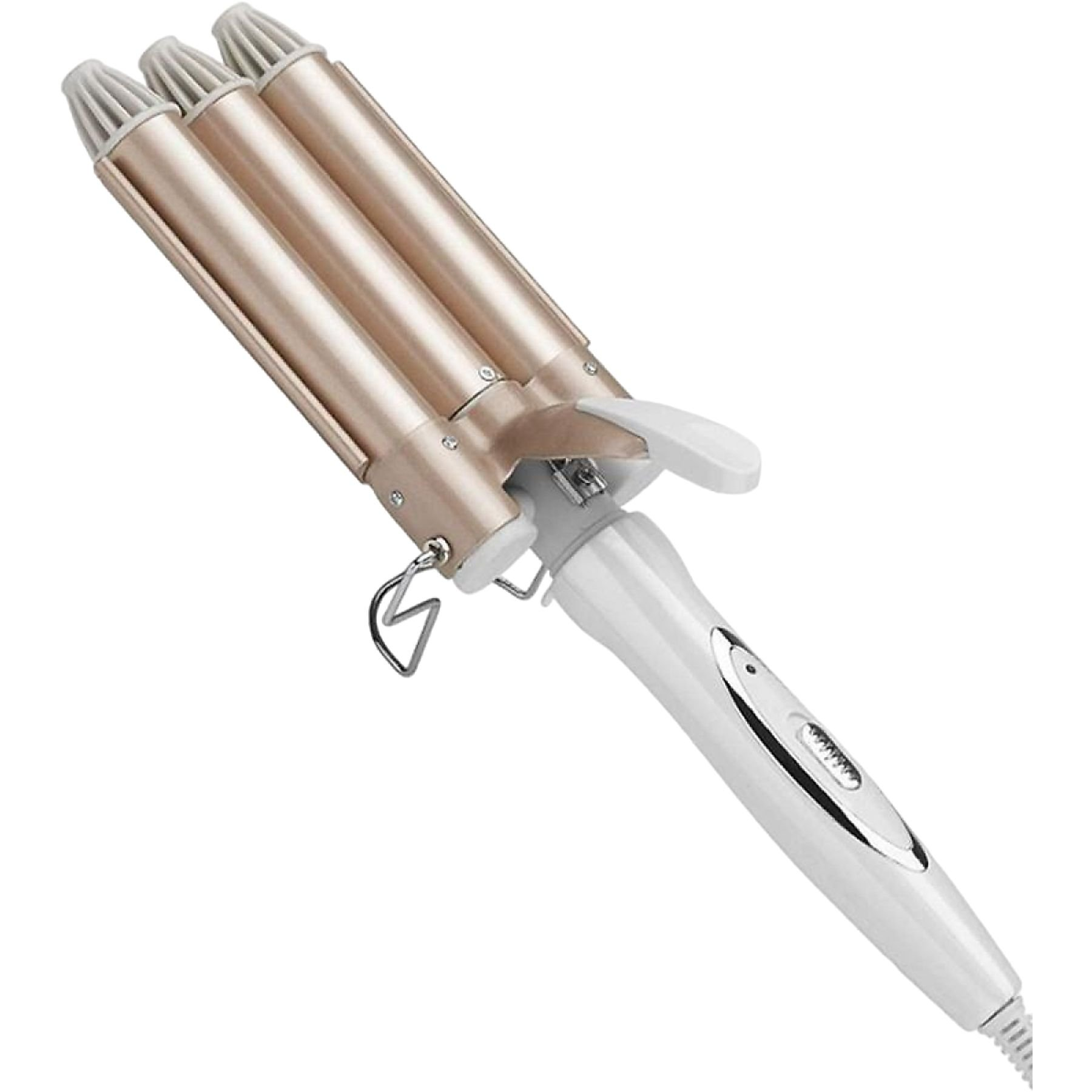 Gold-weißer Haarwellenmacher mit drei Fässern, weißem Griff und einem gebogenen Metallstück.