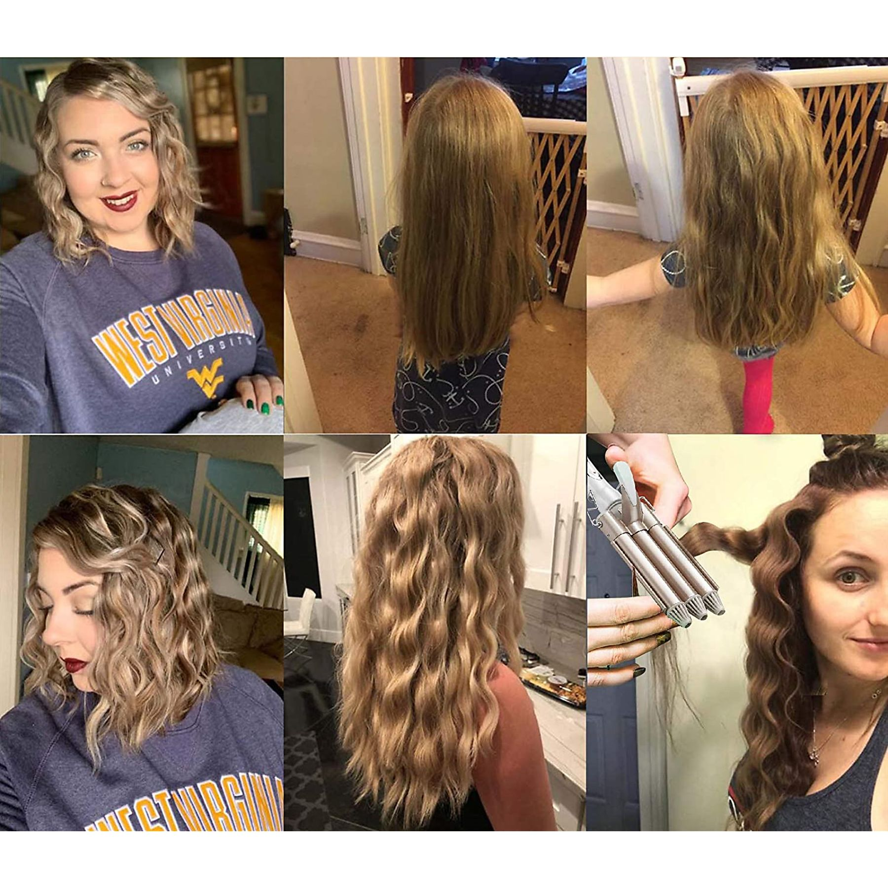 Frauen mit gewelltem Haar, verschiedene Stile und ein Haarwellengerät. Welliges Haar ist der Fokus.
