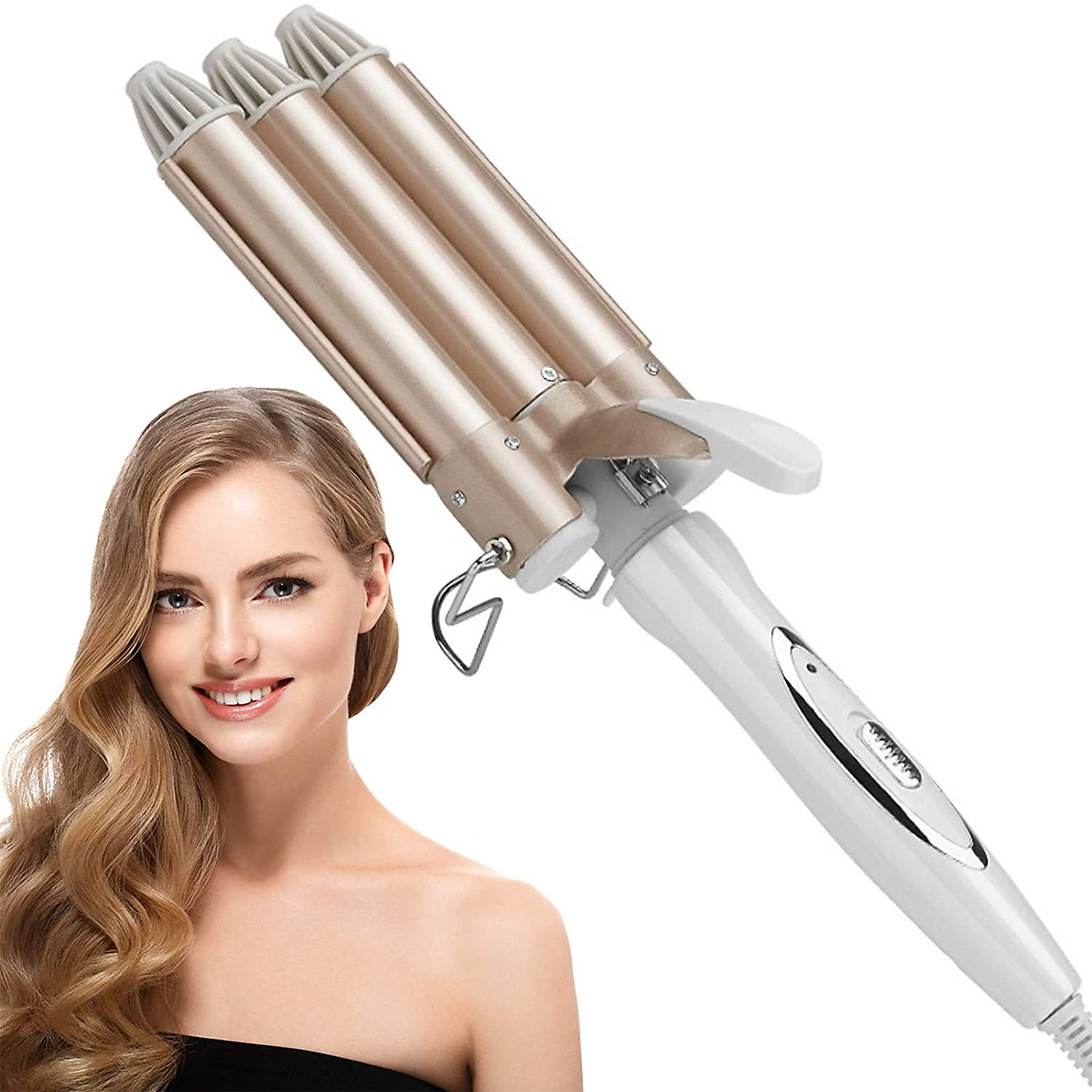 Eine lächelnde Frau mit welligem Haar, der Haarwellenmacher ist im Hintergrund.