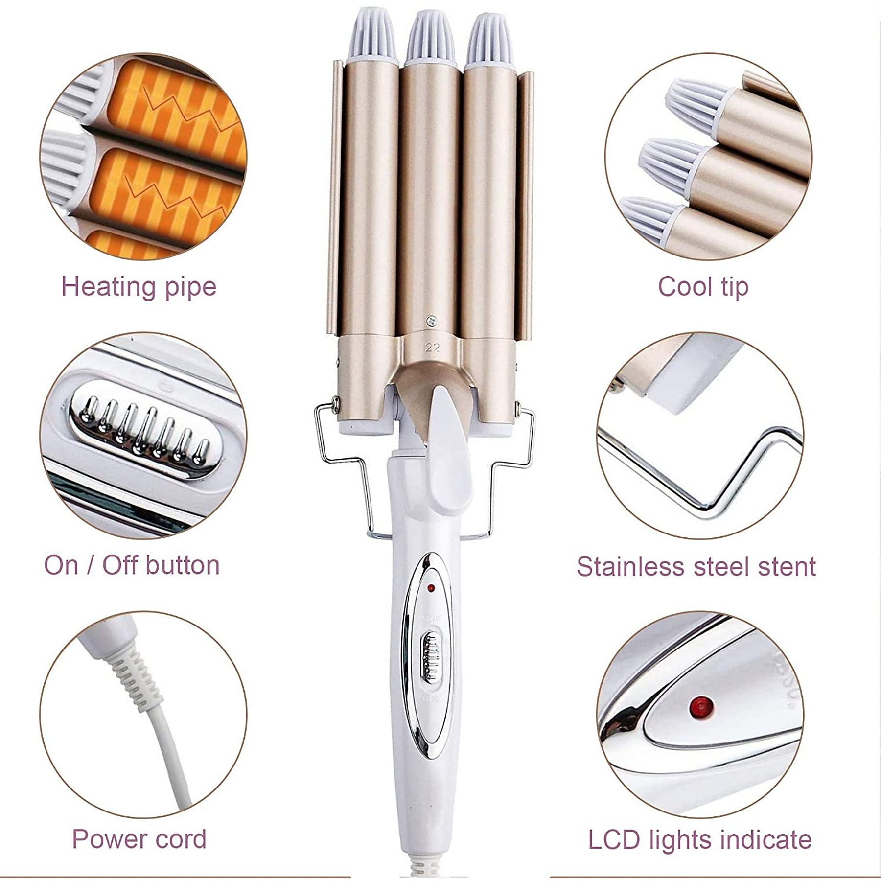 Haarwellenmacher mit Details von Heizrohr, Ein-/Aus-Taste, Edelstahlstent, Netzkabel und LCD-Leuchten.