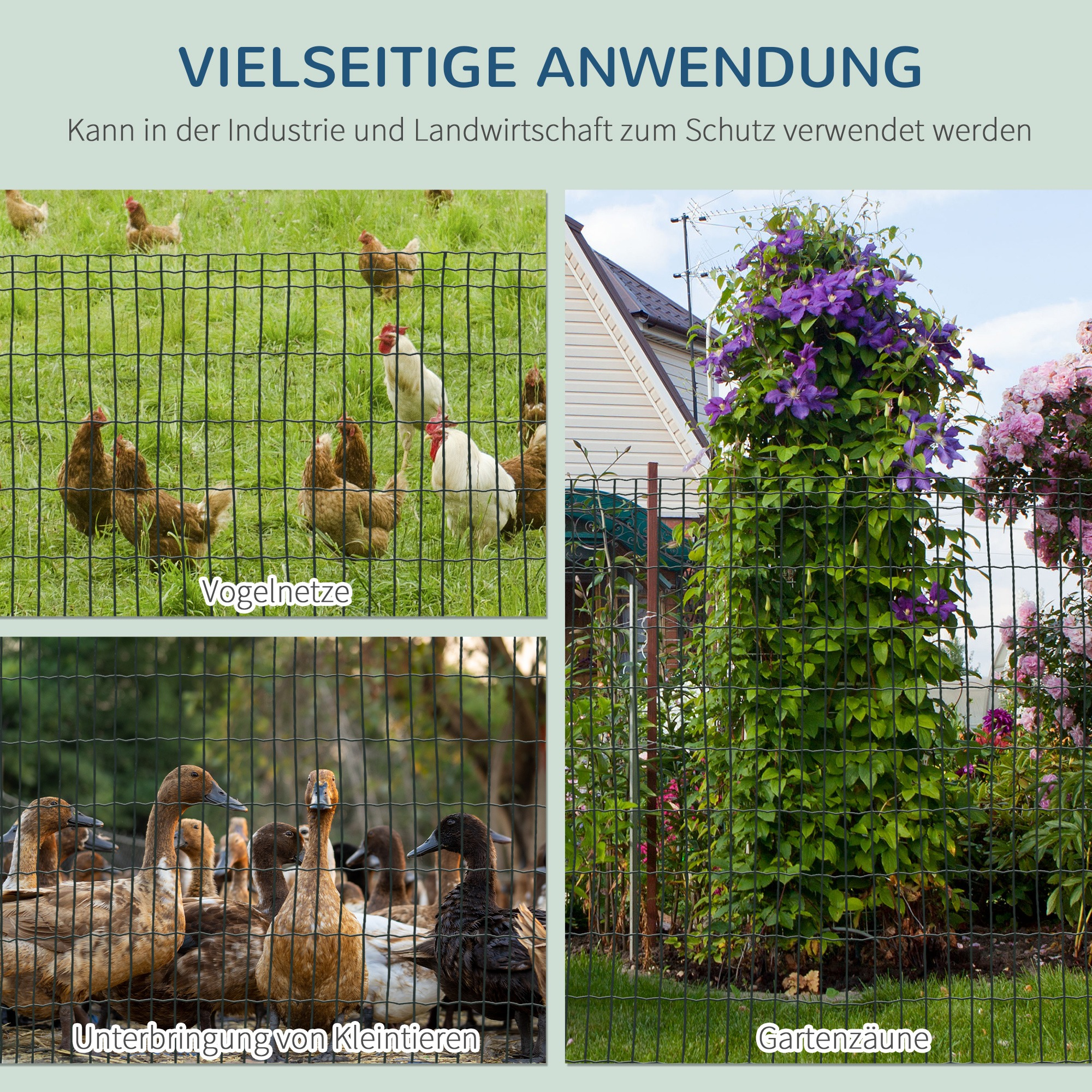 Zäune mit verschiedenen Anwendungen: Vogelnetze, Kleintiergehege und Gartenzäune mit Pflanzen.