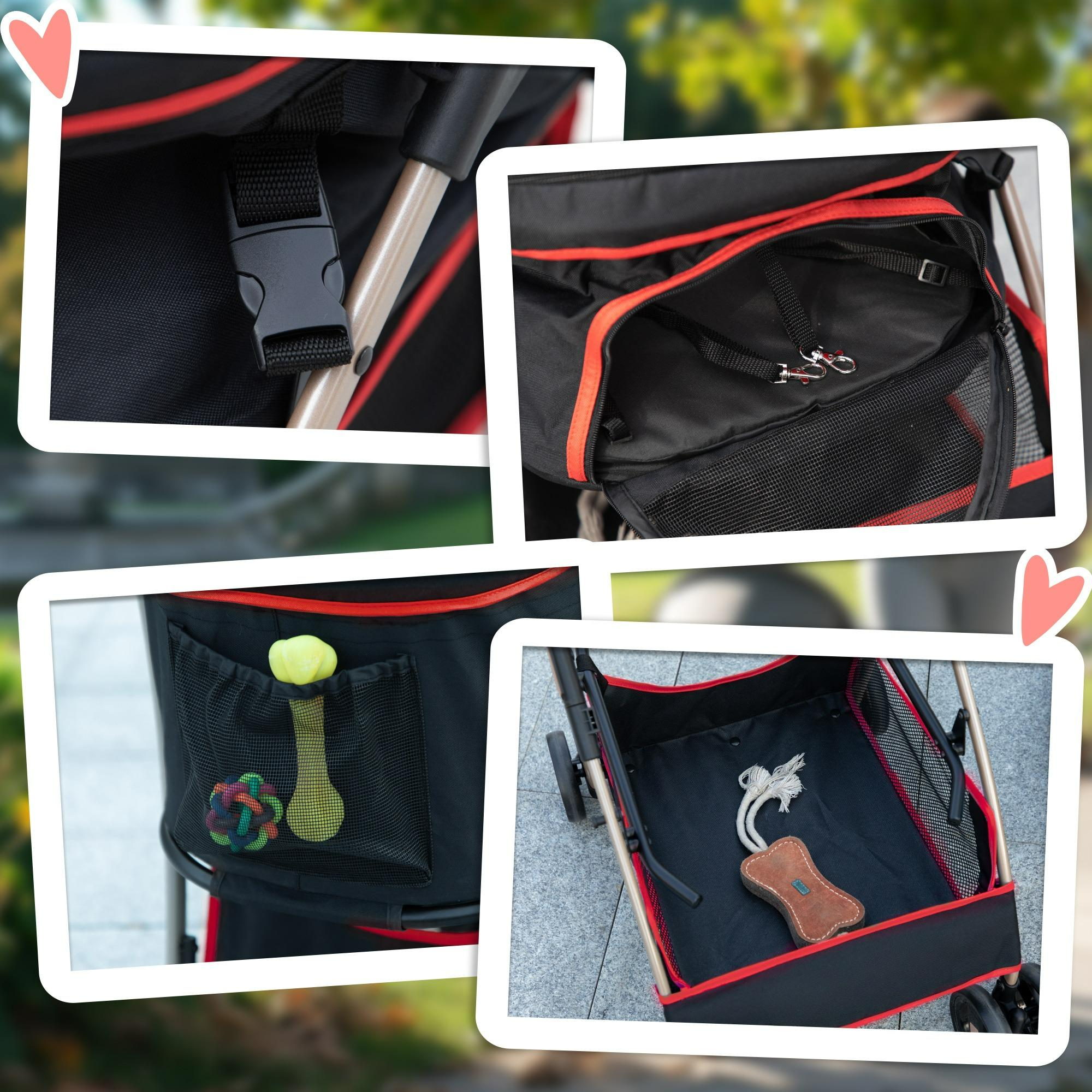 Nahaufnahmen eines Hunde-Kinderwagens. Schwarze und rote Details, Spielzeug im Inneren.