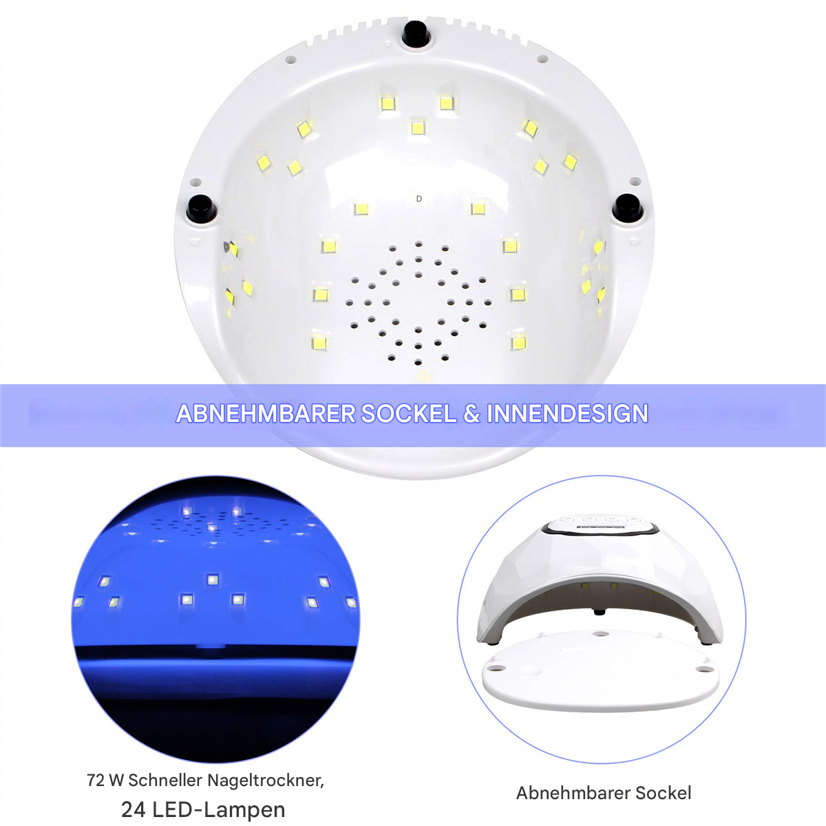Weißer Nageltrockner mit blauem Licht, 24 LED-Lampen und abnehmbarer Basis.
