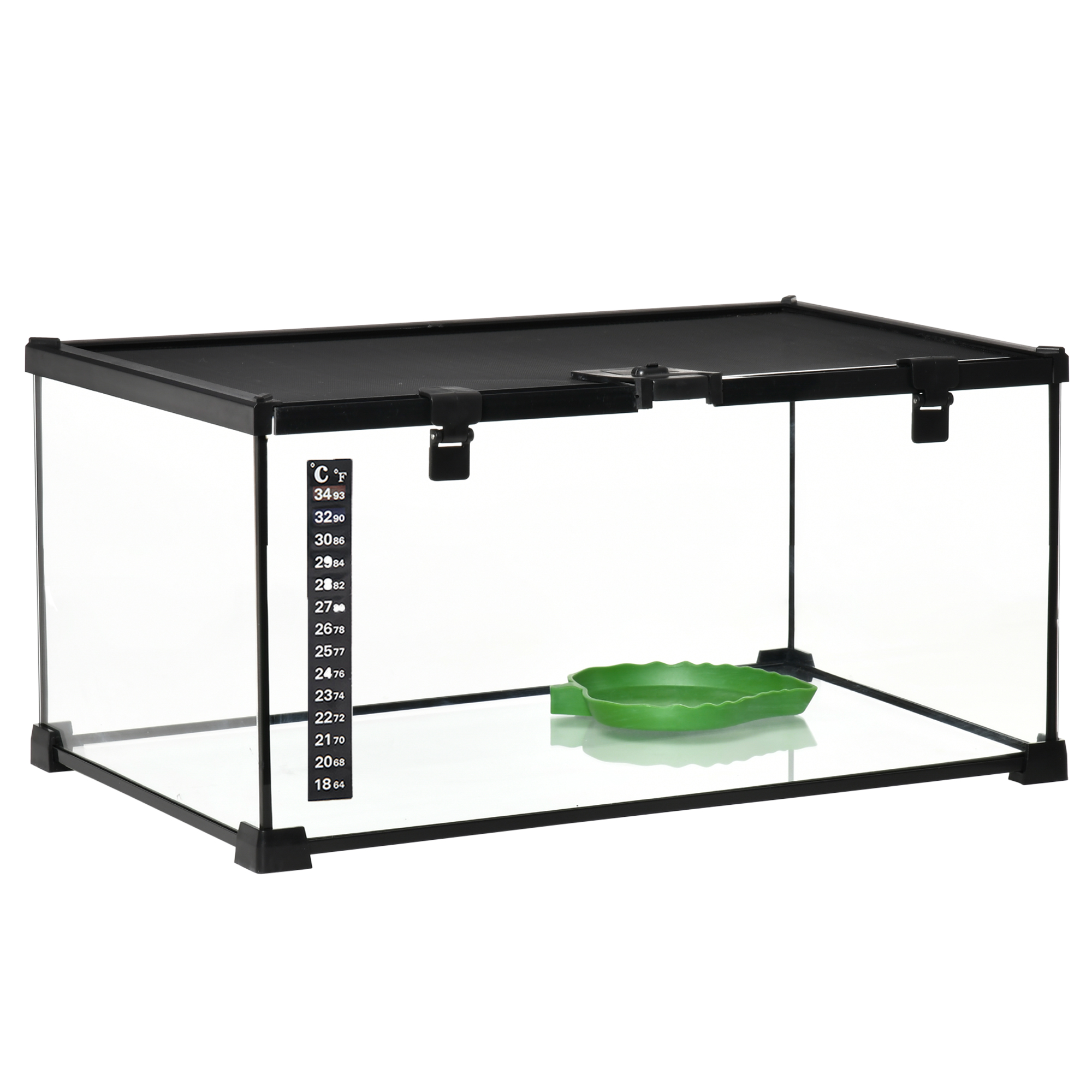 Schwarz gerahmtes Terrarium mit einer grünen, blattförmigen Schale im Inneren.