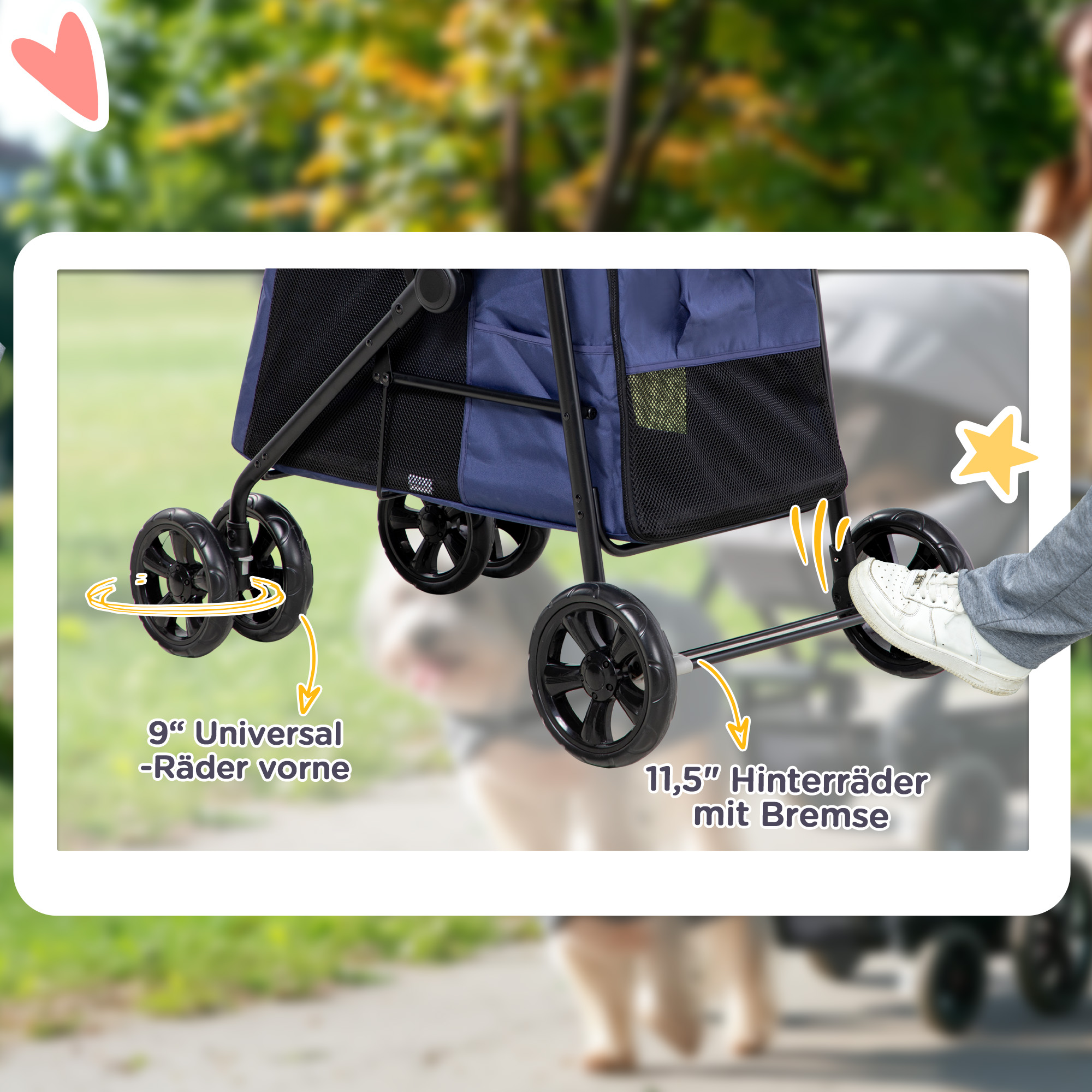 Tierkinderwagen mit einem Fuß, der die Bremse berührt, und 9" Vorderrädern.