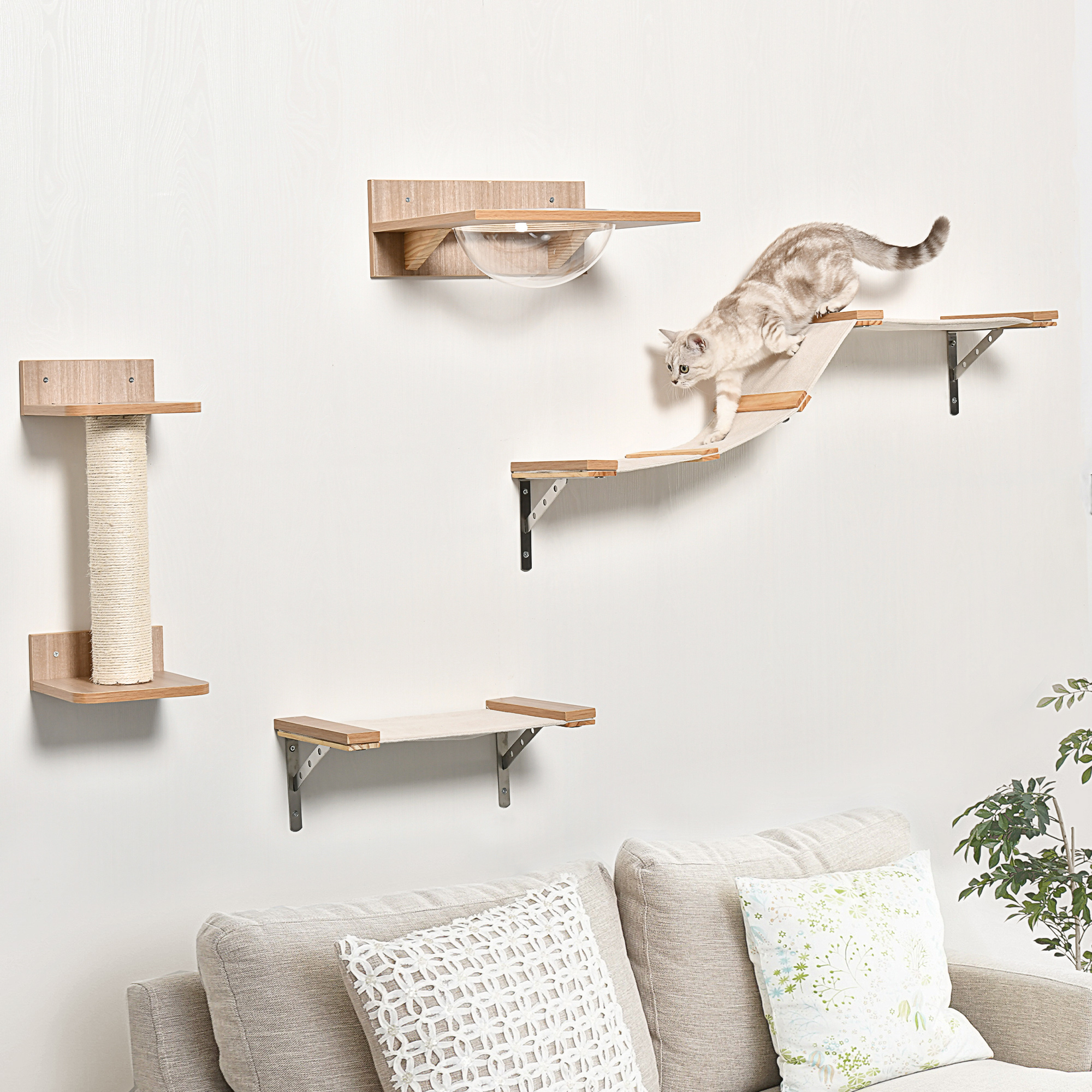 Katze klettert auf Holz-Katzenregalen an der Wand. Beiges Sofa im Vordergrund.