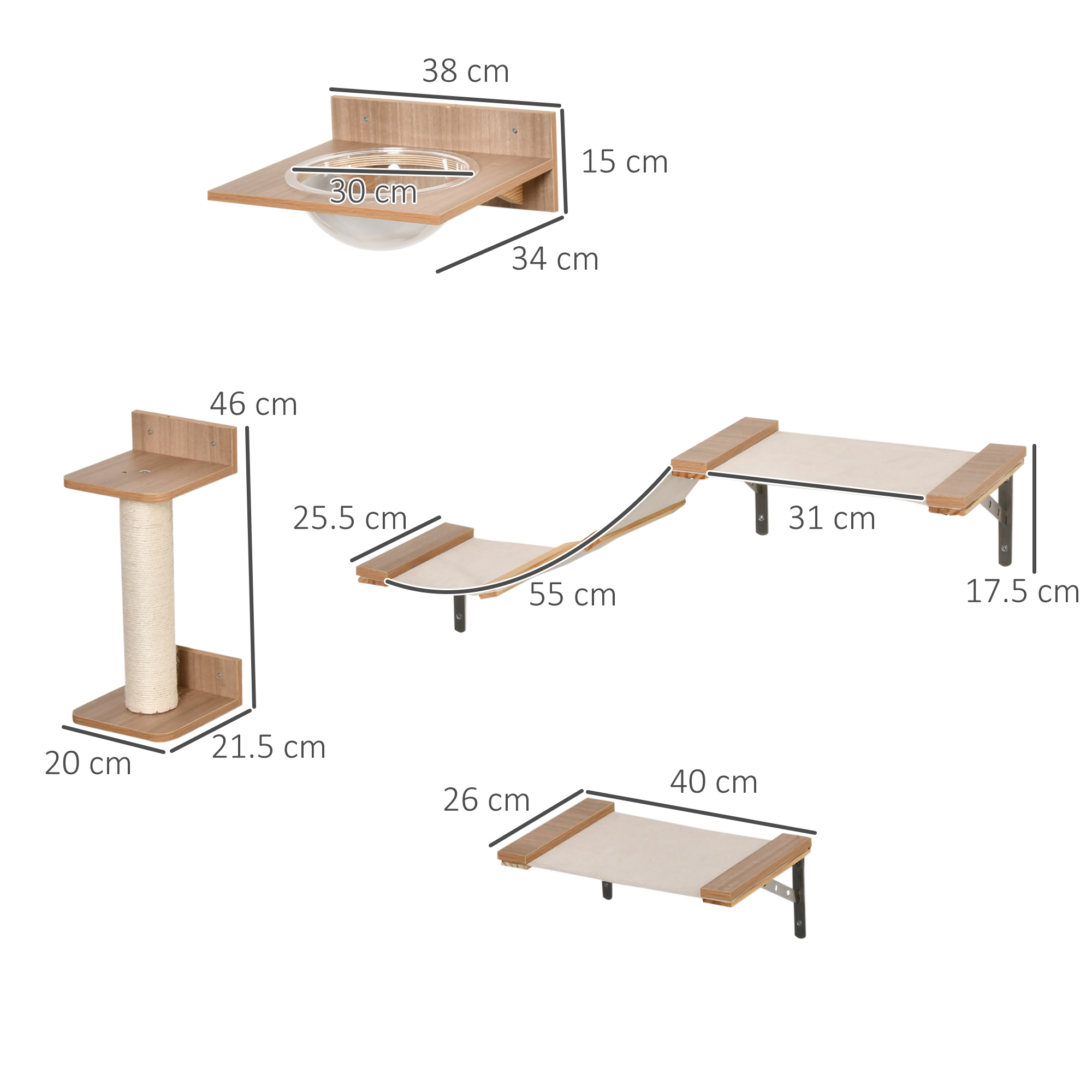 Katzenmöbel-Set mit Maßen: Katzenregal mit Schüssel, Kratzpfosten, Hängematte und Rampe.