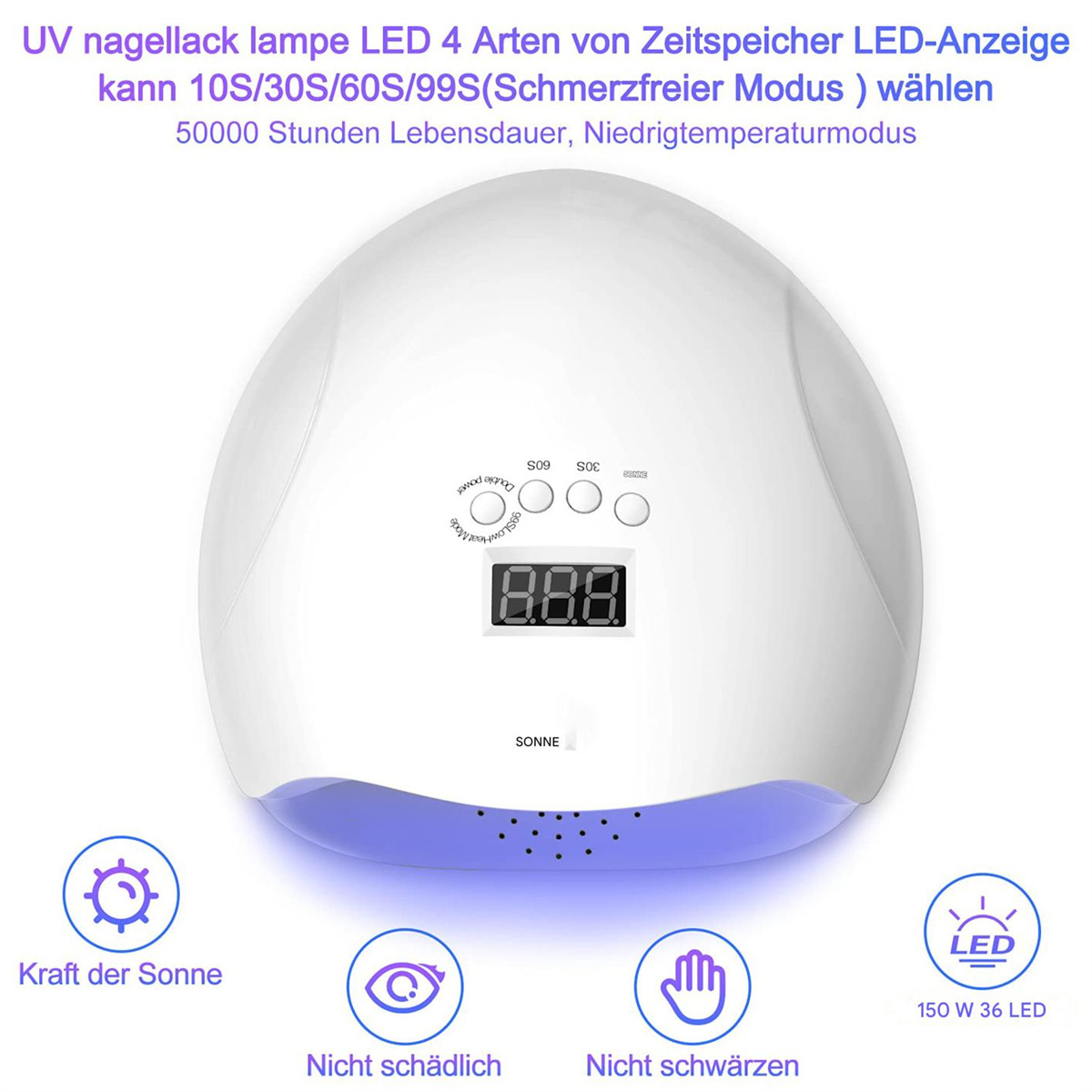 Weiße UV-Nagellampe mit Digitalanzeige. Verschiedene Symbole zeigen Funktionen wie Sonnenkraft und LED.