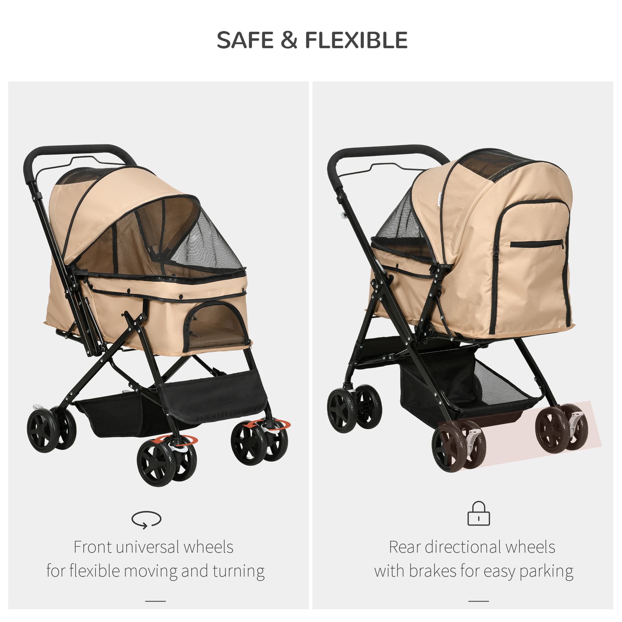 Haustier-Kinderwagen mit Vorderrädern und Hinterrädern mit Bremsen.
