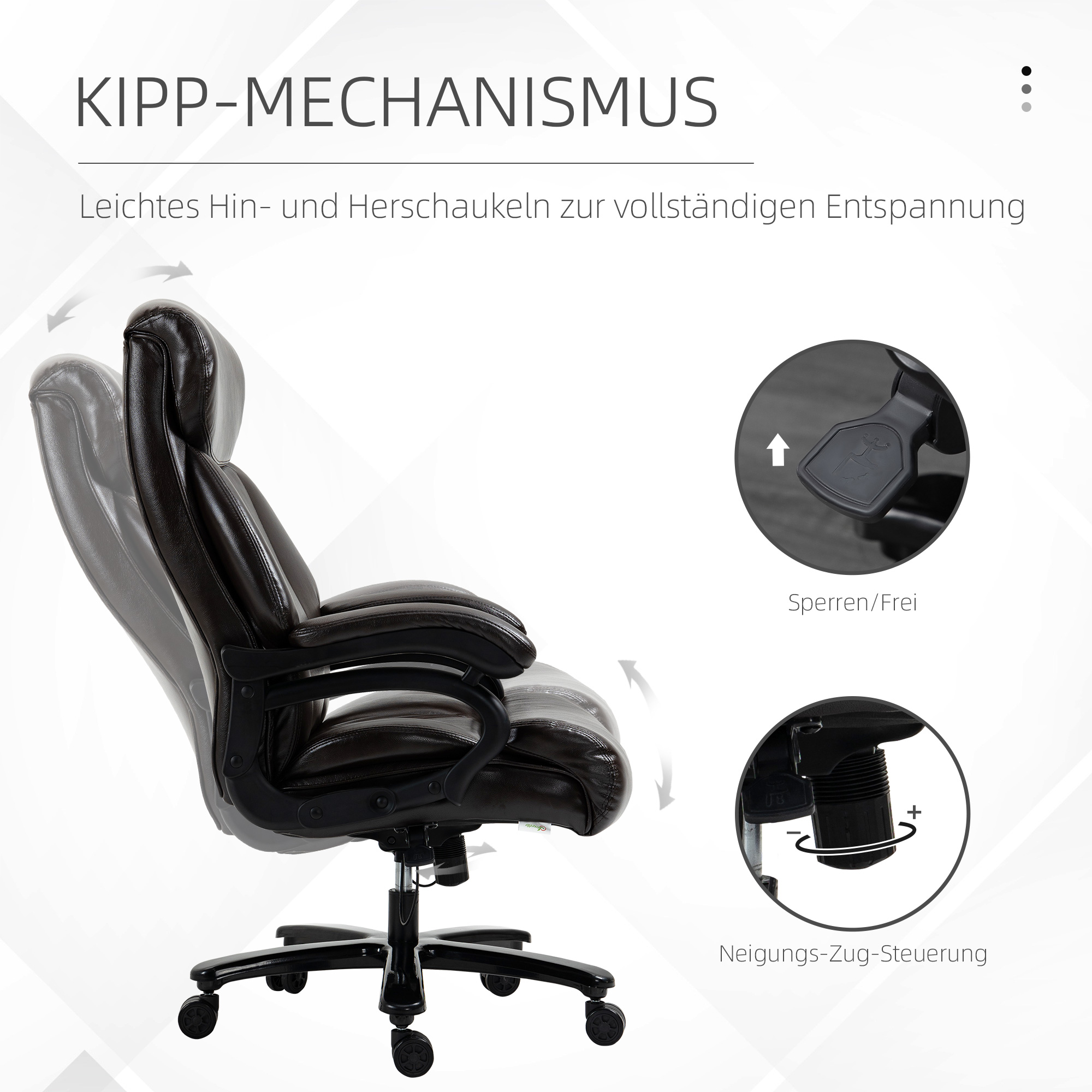 Ein brauner Ledersessel mit Liegemechanismus. Zeigt die Neigungs- und Neigungssteuerung.