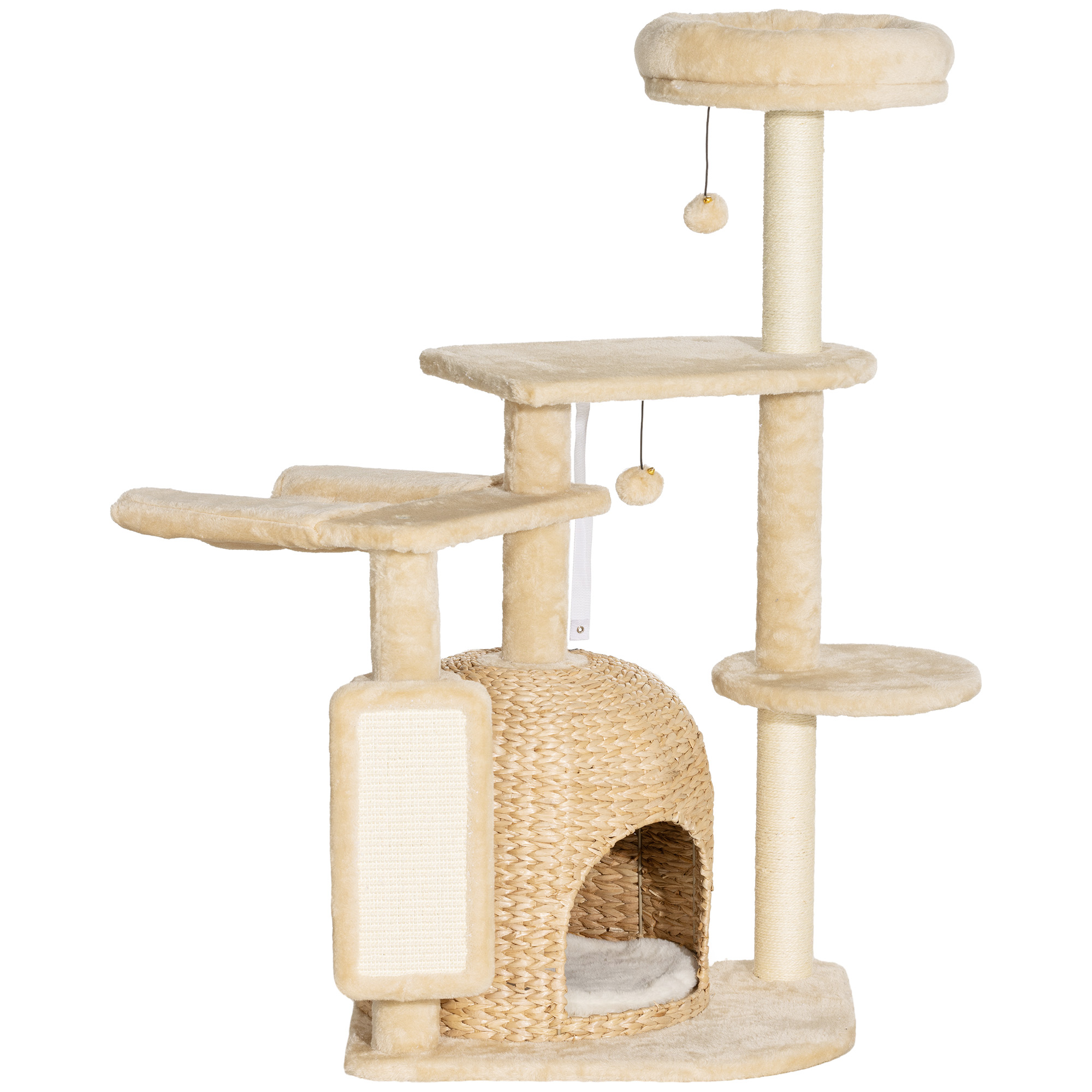Ein mehrstöckiger beigefarbener Katzenbaum mit Kratzbäumen, Plattformen, einer Höhle und Hängespielzeug.