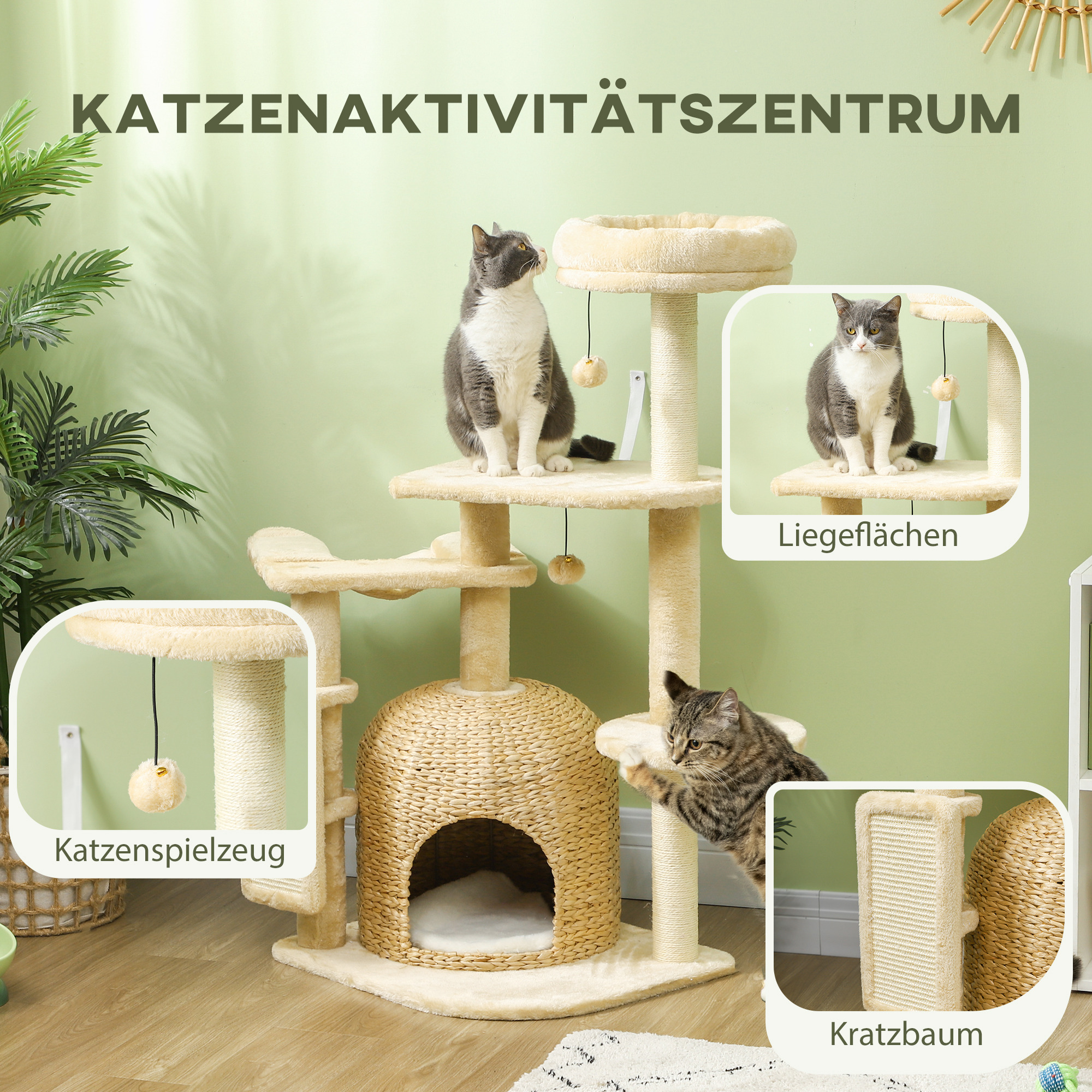 Ein Katzenaktivitätszentrum mit mehreren Katzen, Plattformen, Spielzeug und einem Kratzbaum. Hellgrüner Hintergrund.